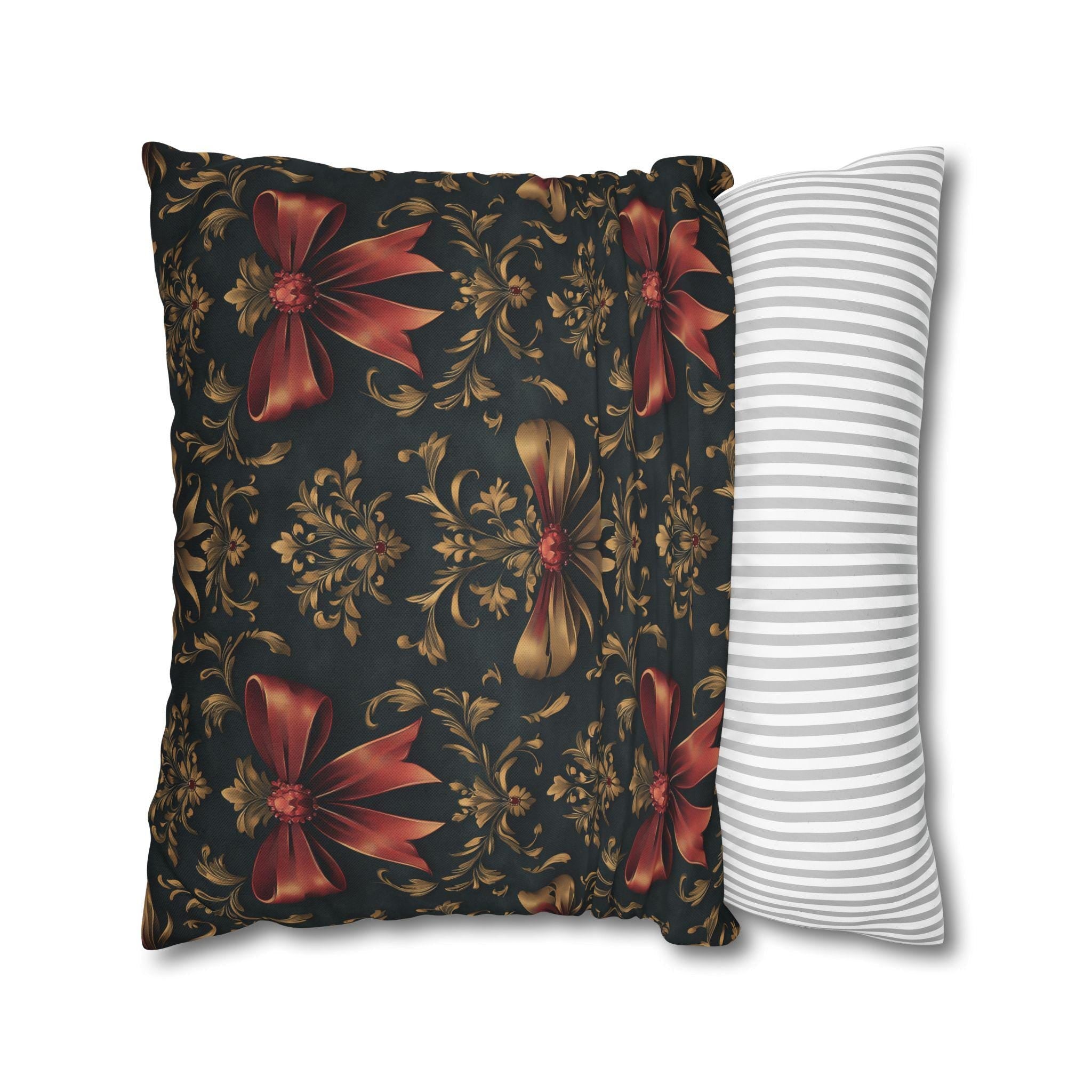 Baroque Christmas Pillow Cover: Green Charcoal Red Gold Bows
