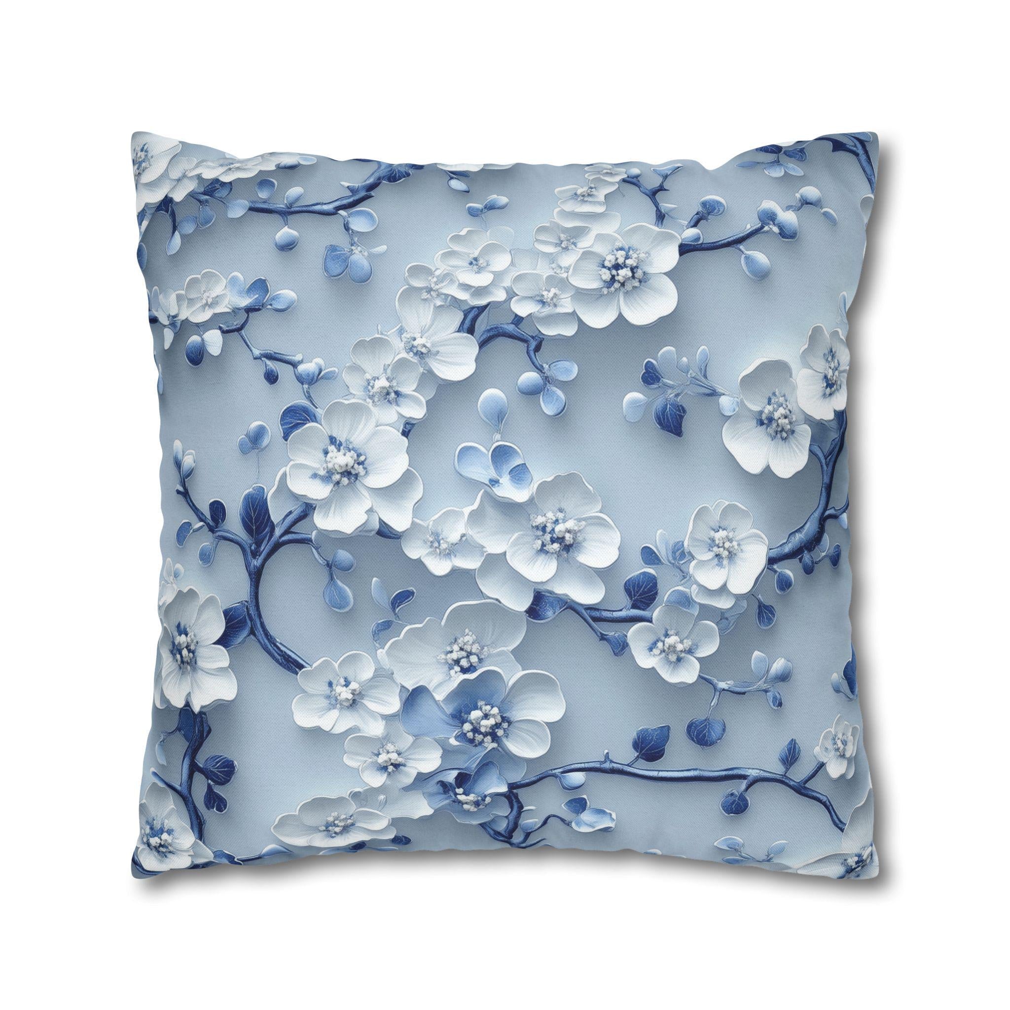 Elegant Blue & White Chinoiserie Cherry Blossom Pillow Cover | Asian-Inspired Floral Home Decor