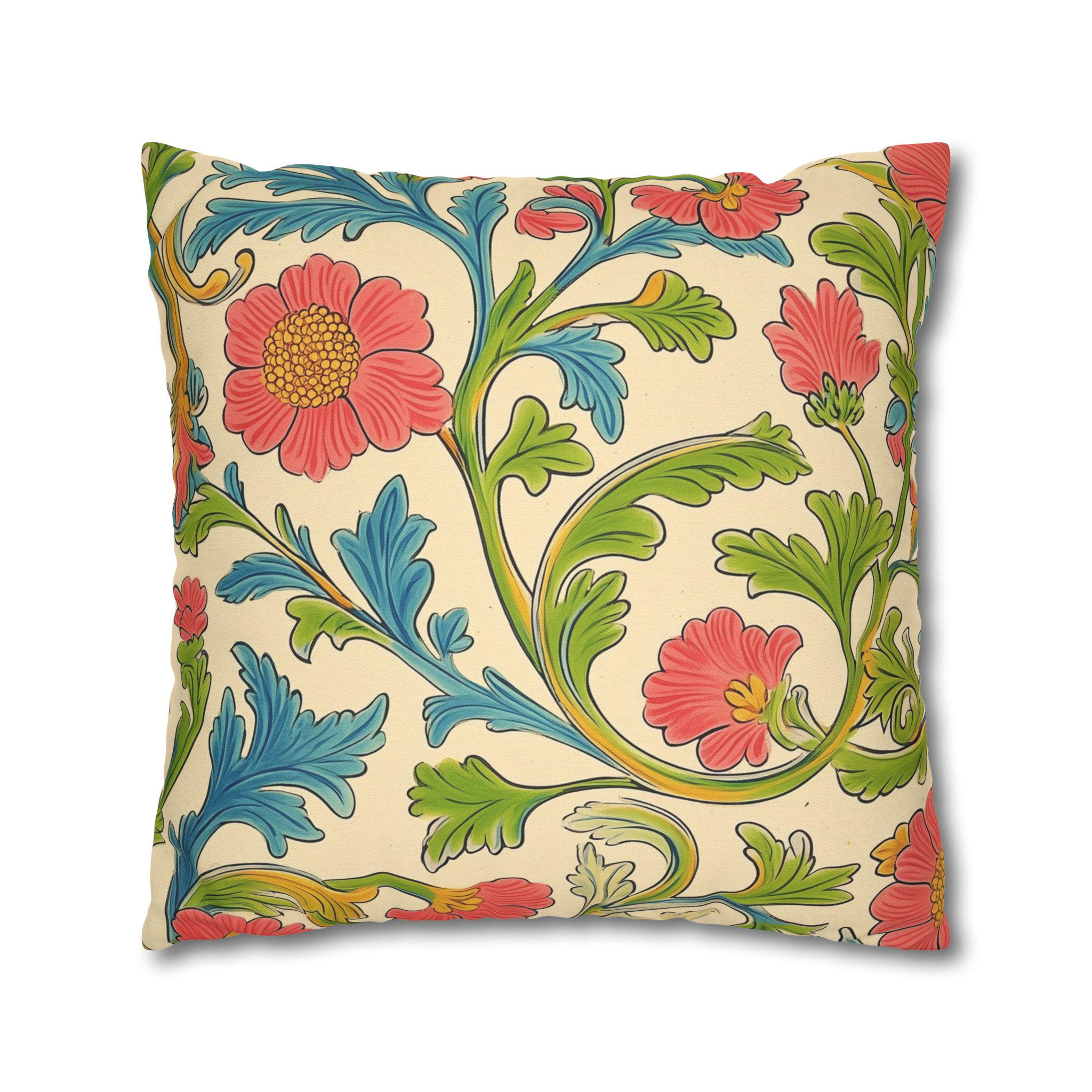 Arts and Crafts Floral Pillow Cover: William Morris Lodden-Inspired Design in Coral, Blue, Green