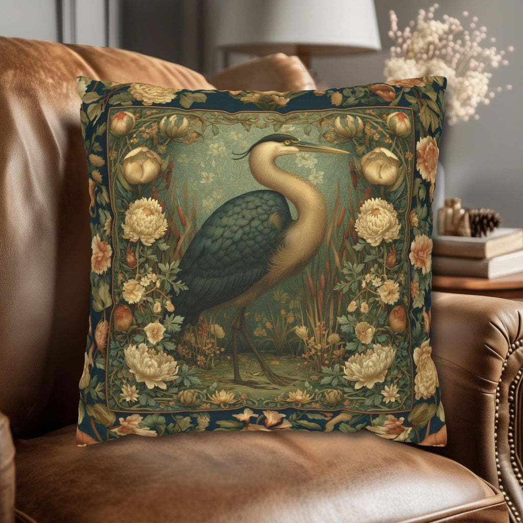 William Morris Style Throw Pillow Cover: Heron and Marsh Botanicals