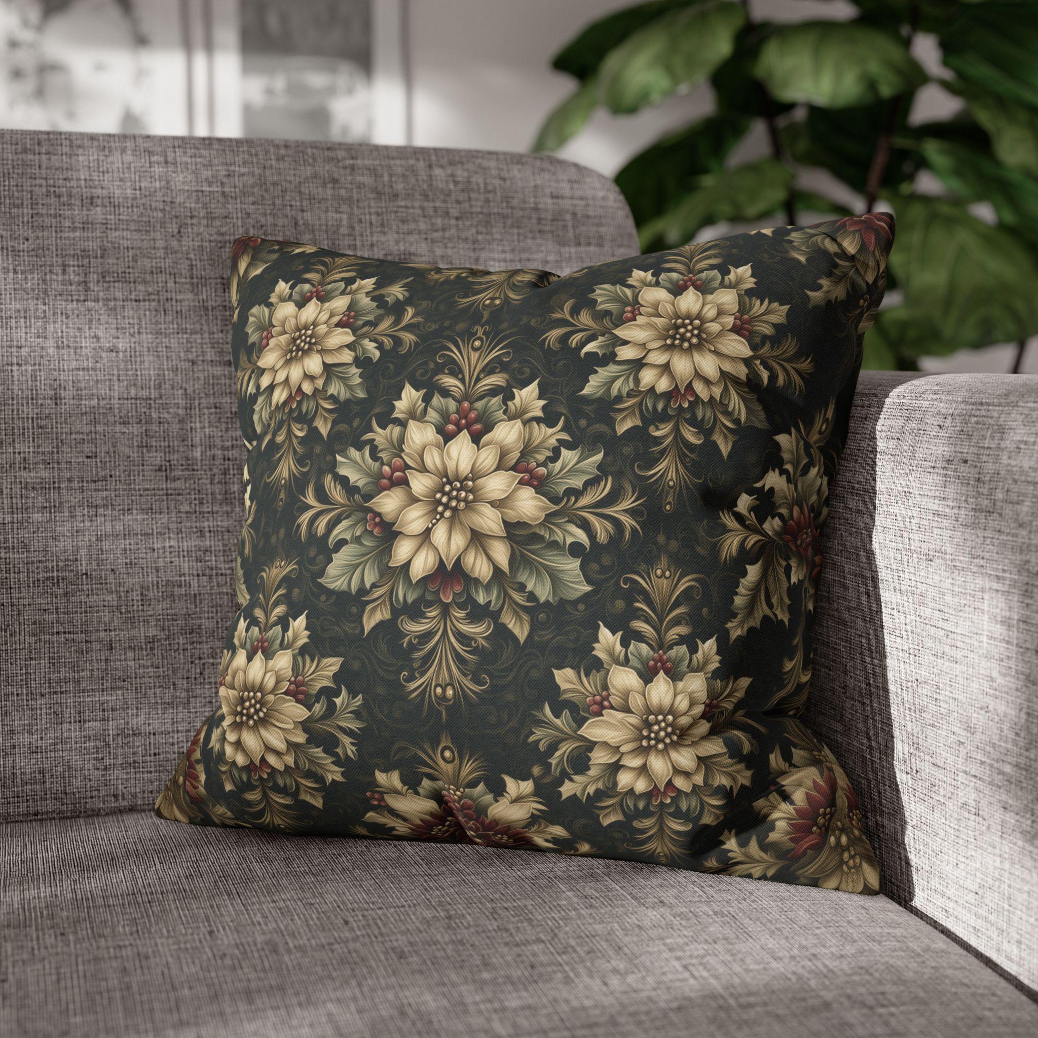 William Morris Christmas Pillow Cover: Ivory Poinsettia and Holly Repeating Pattern on Midnight Green