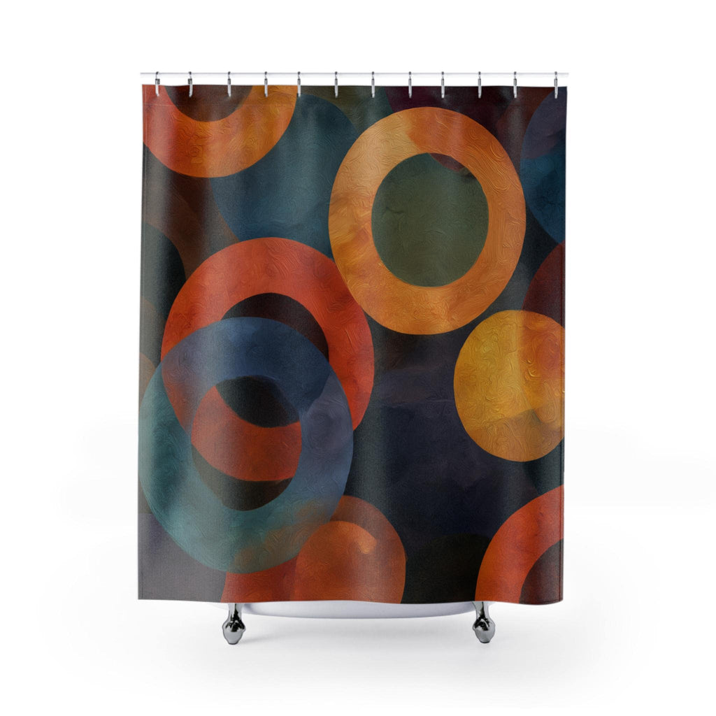Retro Bold Circle Pattern Fabric Shower Curtain: Burnt Orange, Gold, Teal on Black Background