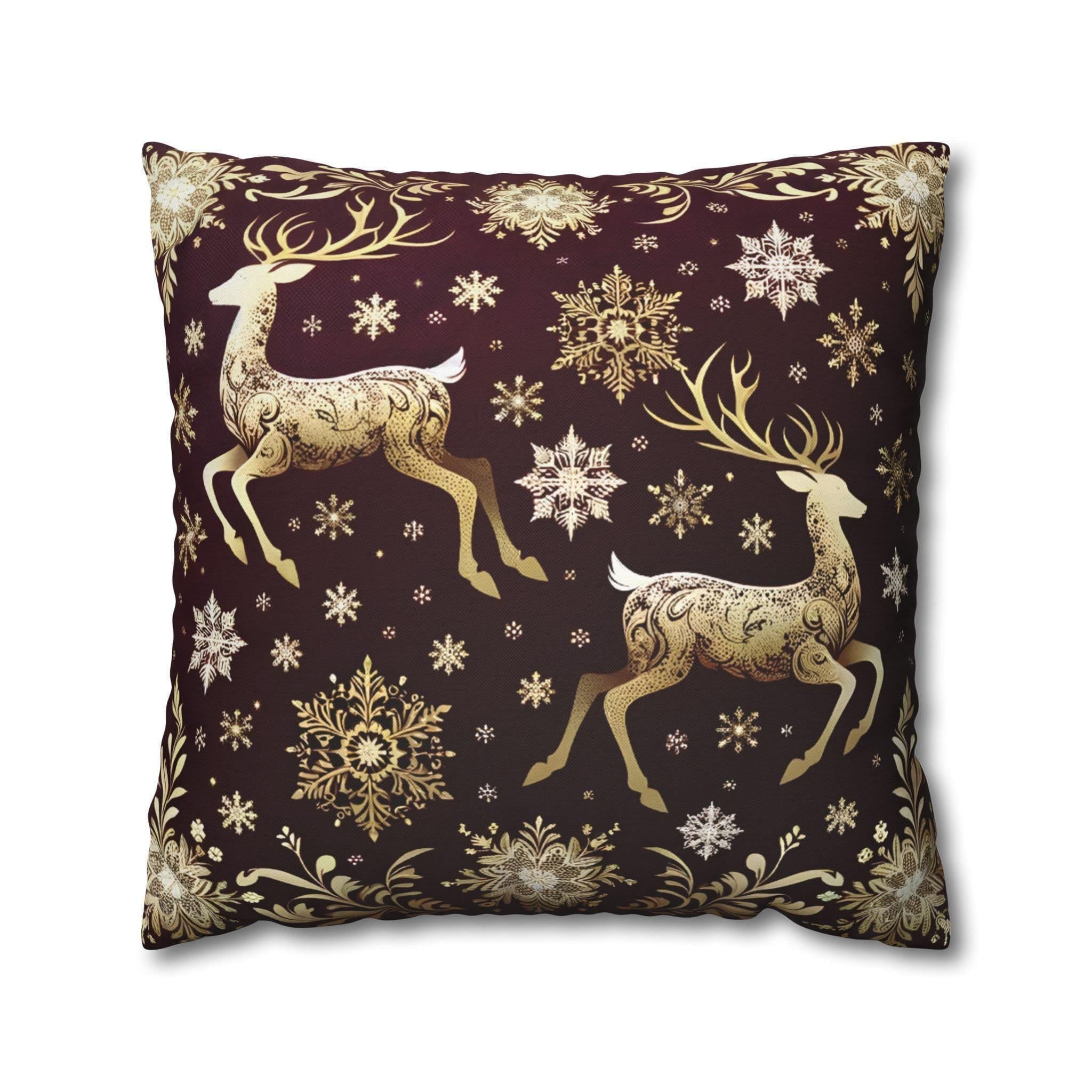 Golden Reindeer Snowflake Decorative Throw Pillow Cover: Festive Elegance Designer Square Pillowcase