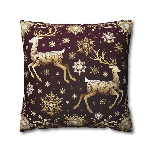 Golden Reindeer Snowflake Decorative Throw Pillow Cover: Festive Elegance Designer Square Pillowcase