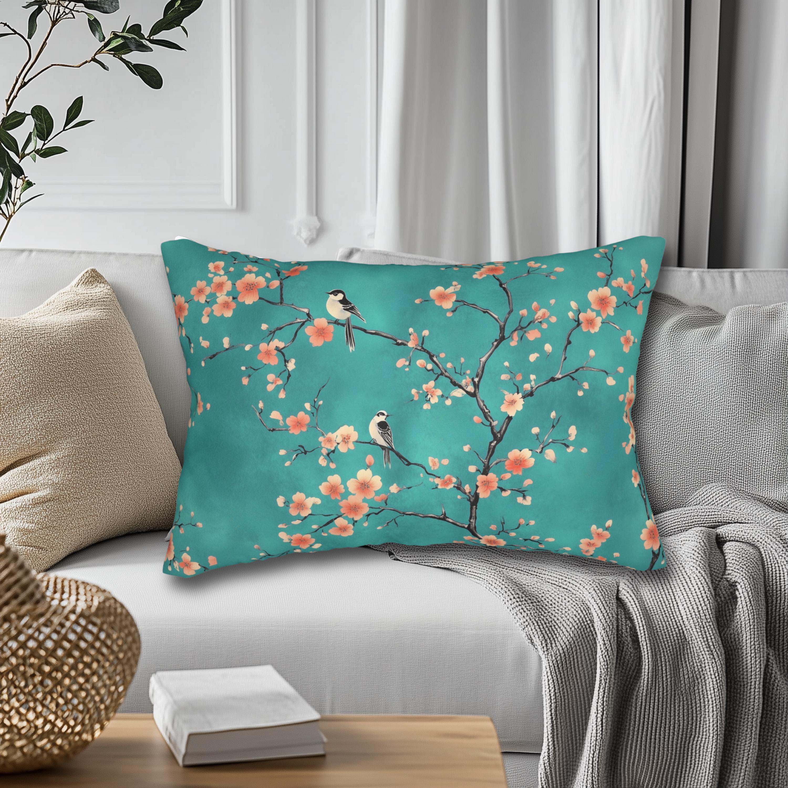 Elegant Chinoiserie Teal Bird Pillow Cover with Coral Blossoms for Nature-Inspired Home Decor