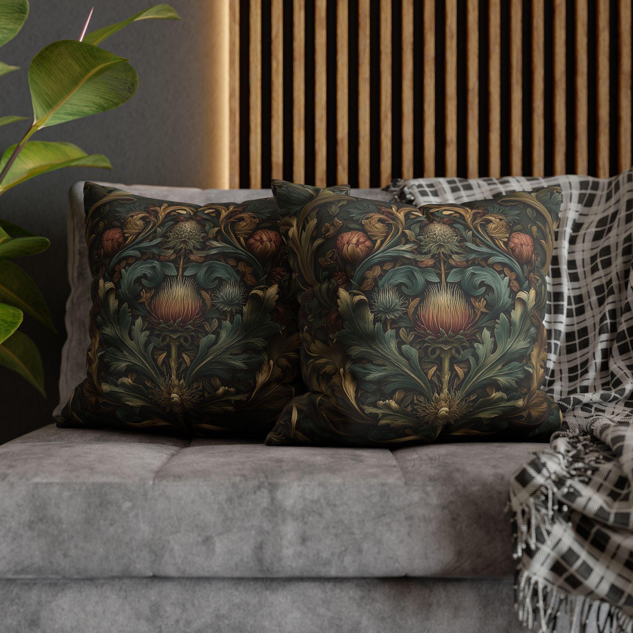 Midnight Morris Pillow Cover: Arts and Crafts Moody Blooms for Autumn
