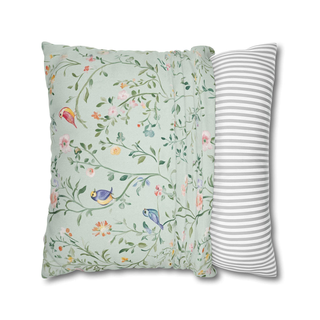 Chinoiserie Bird Cushion Cover: Mint Green Floral Pillow for Whimsical Garden-Inspired Home Decor