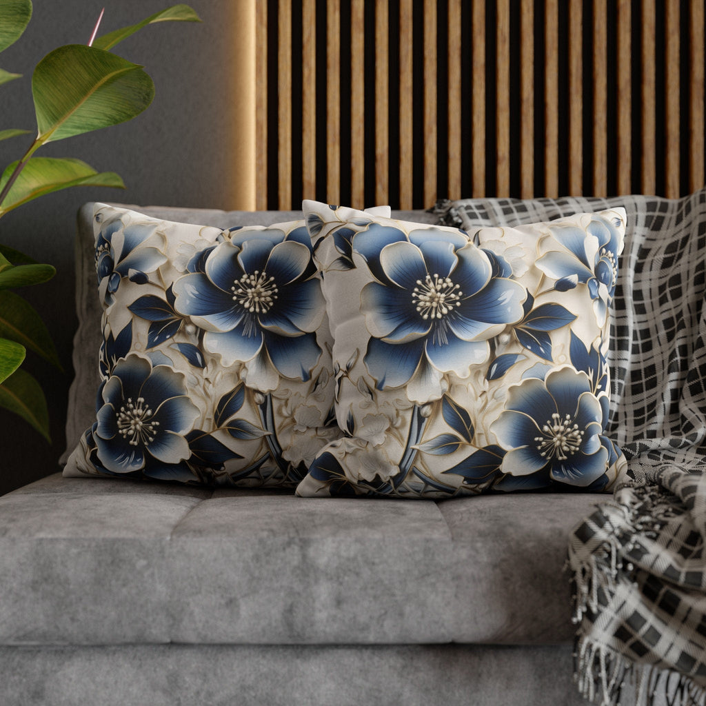 Elegant Chinoiserie Floral Pillow Cover: Blue & Off-White Eastern Motif Cushion for Home Decor