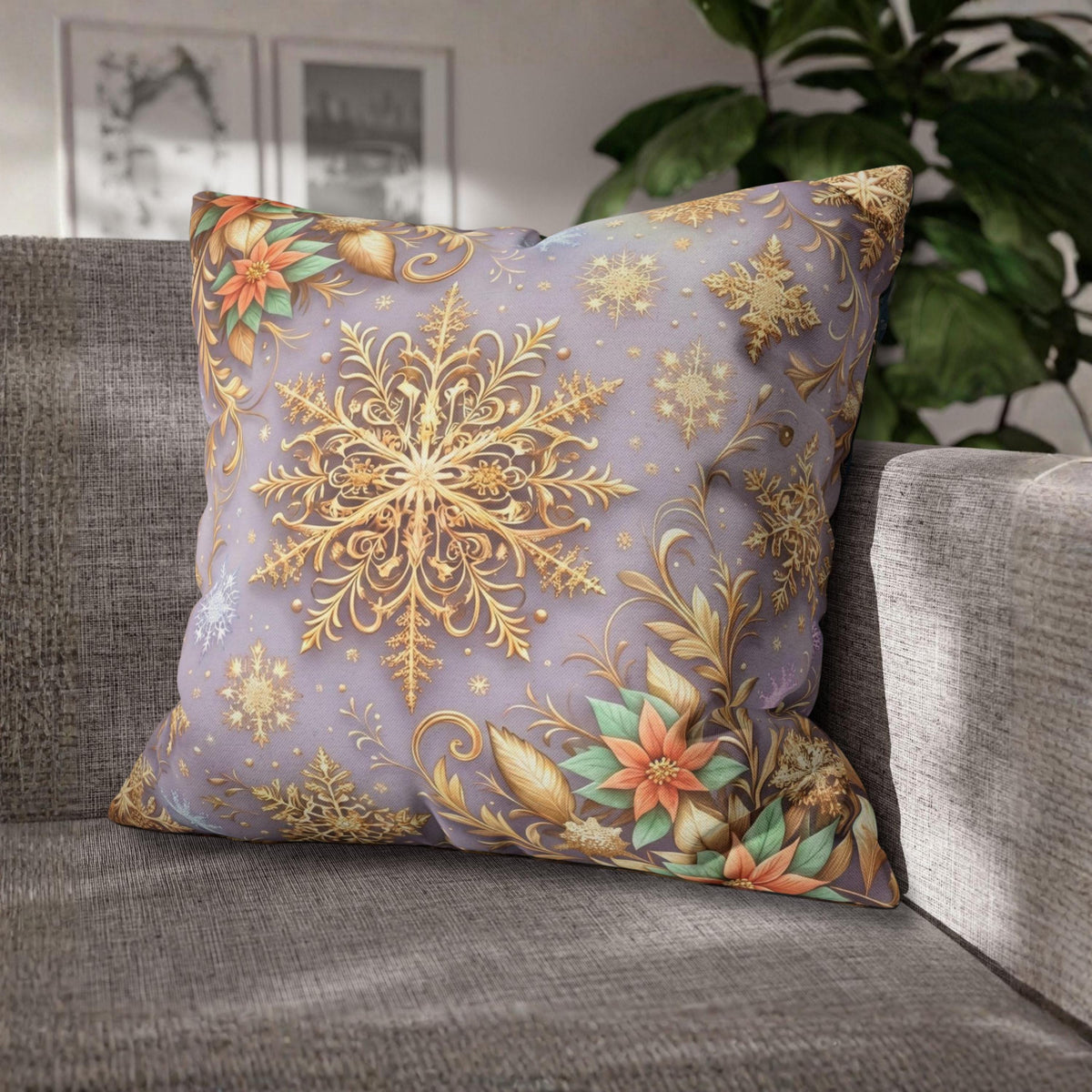 Pastel Christmas Pillow Cover: Gold Snowflake, Lilac Winter Decor, Frosted Poinsettia, Shabby Chic