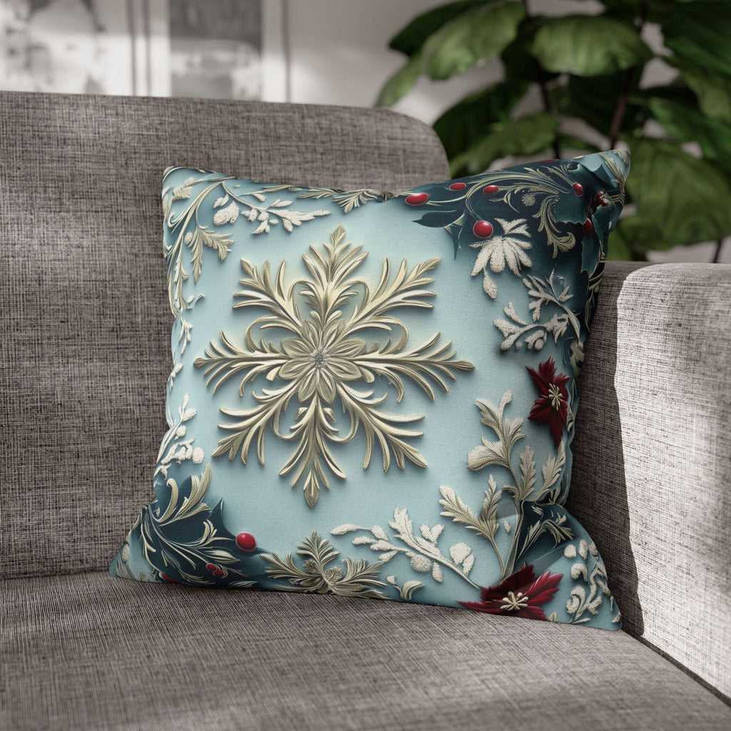 Blue Christmas Pillow Cover Elegant Chinoiserie Inspired Snowflake and Holly Design Light Blue Background