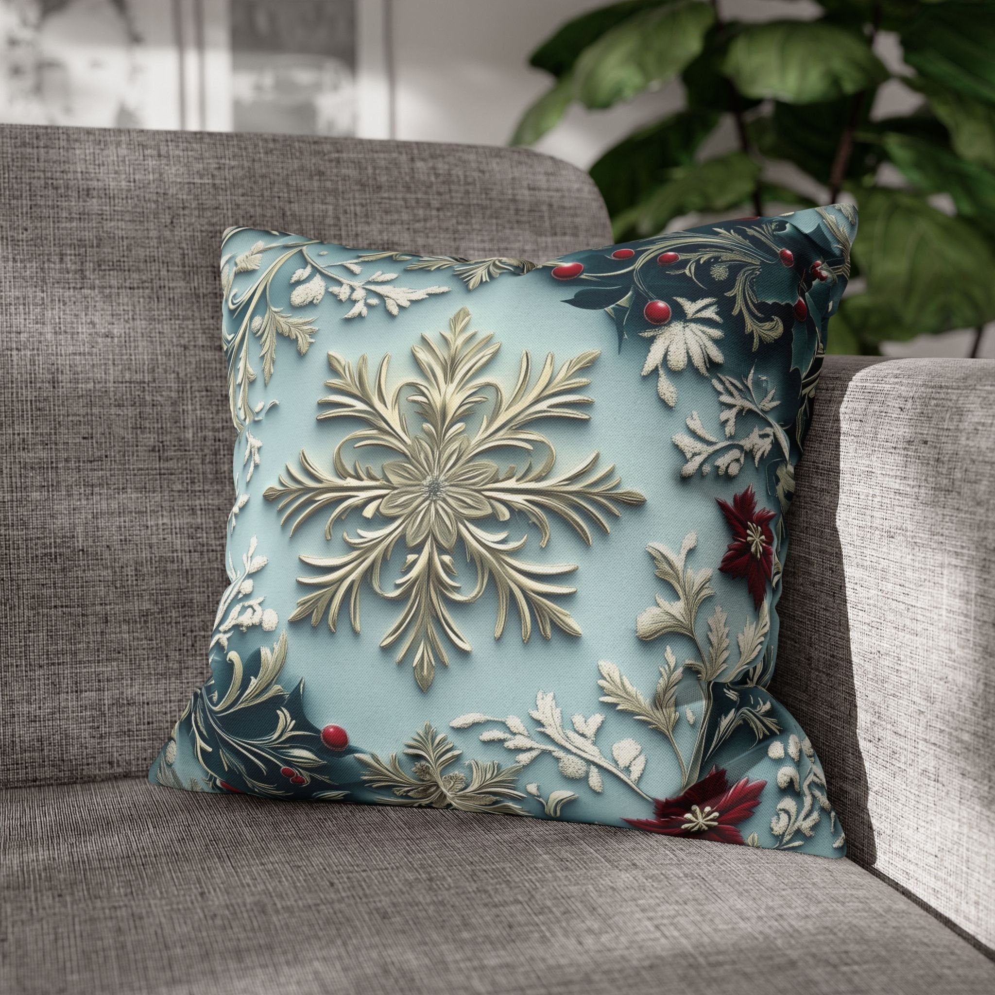 Blue Christmas Pillow Cover Elegant Chinoiserie Inspired Snowflake and Holly Design Light Blue Background