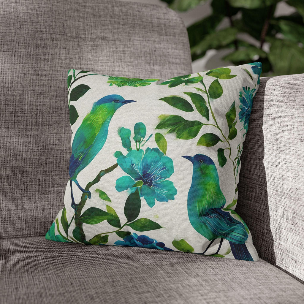 Chinoiserie Bird Pillow Cover: Teal Green Watercolor Floral Cushion