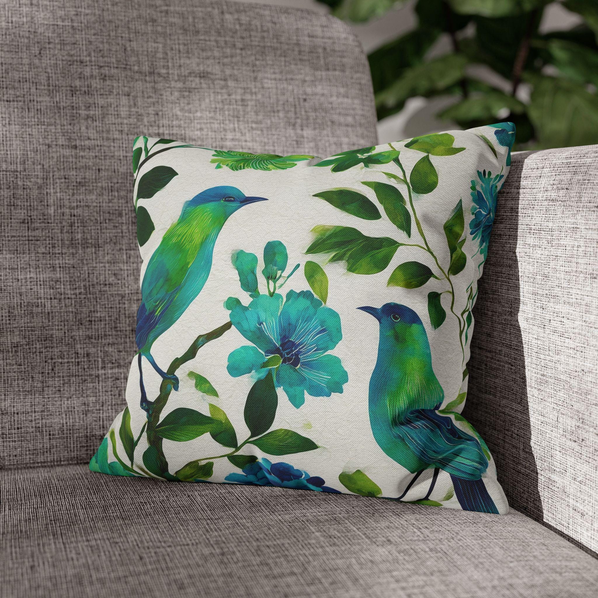 Chinoiserie Bird Pillow Cover: Teal Green Watercolor Floral Cushion