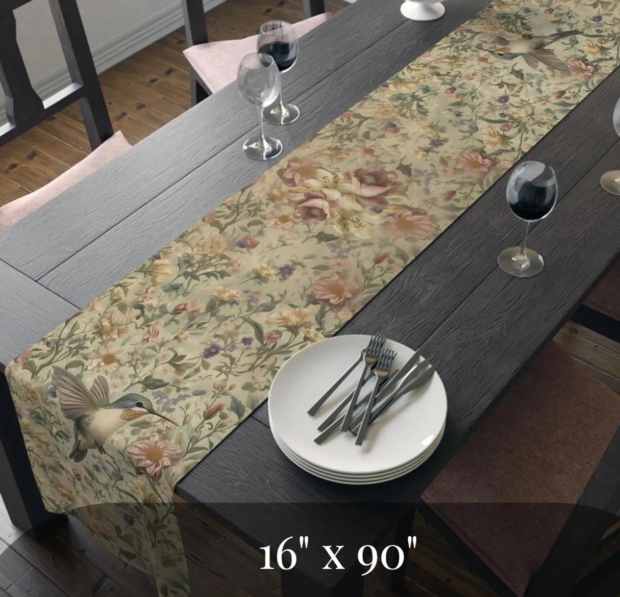 William Morris Inspired Botanical Table Runner: Vintage Style Floral Hummingbird Garden Dining Decor