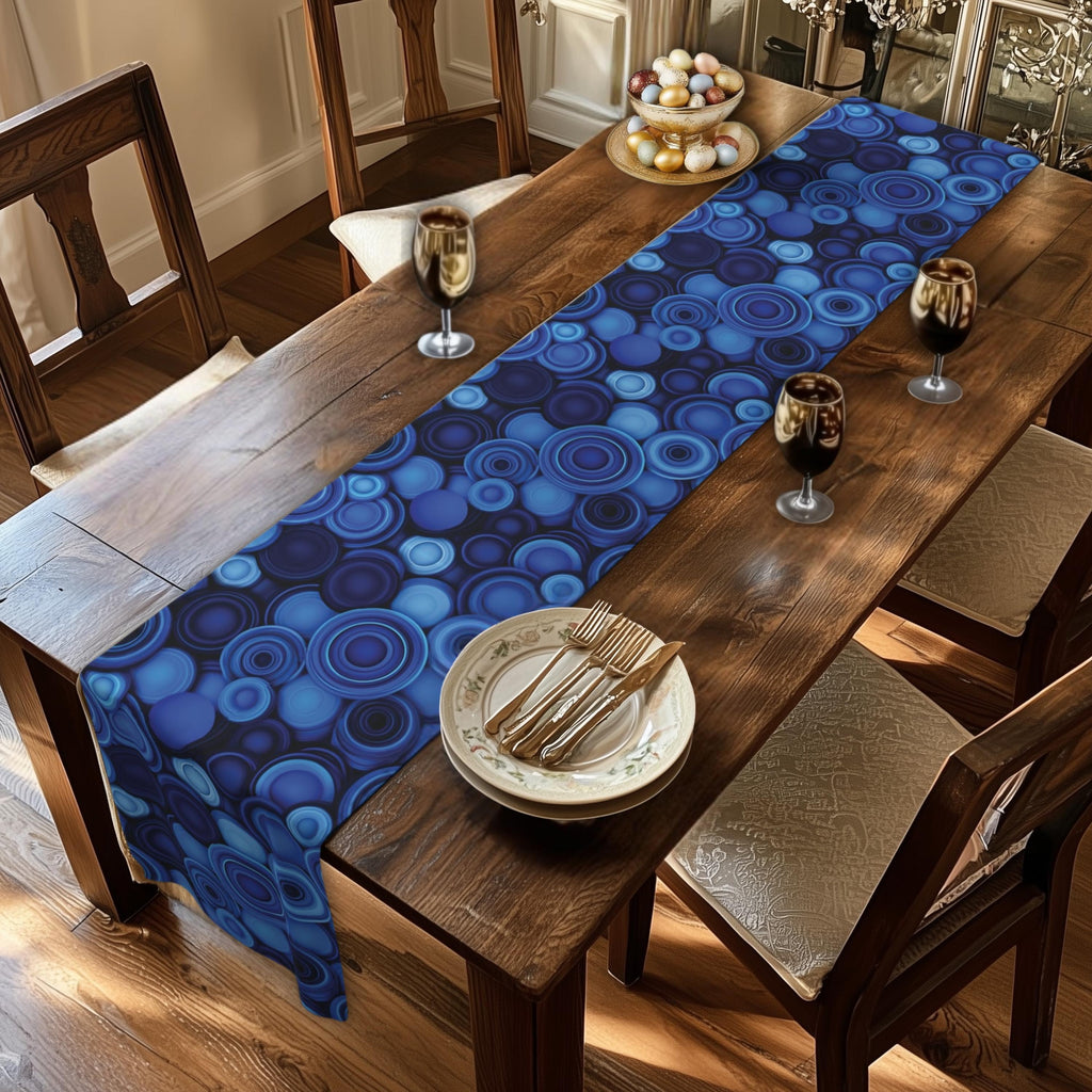 Retro Modern Blue Geometric Table Runner: Mid Century Circle Pattern Decor