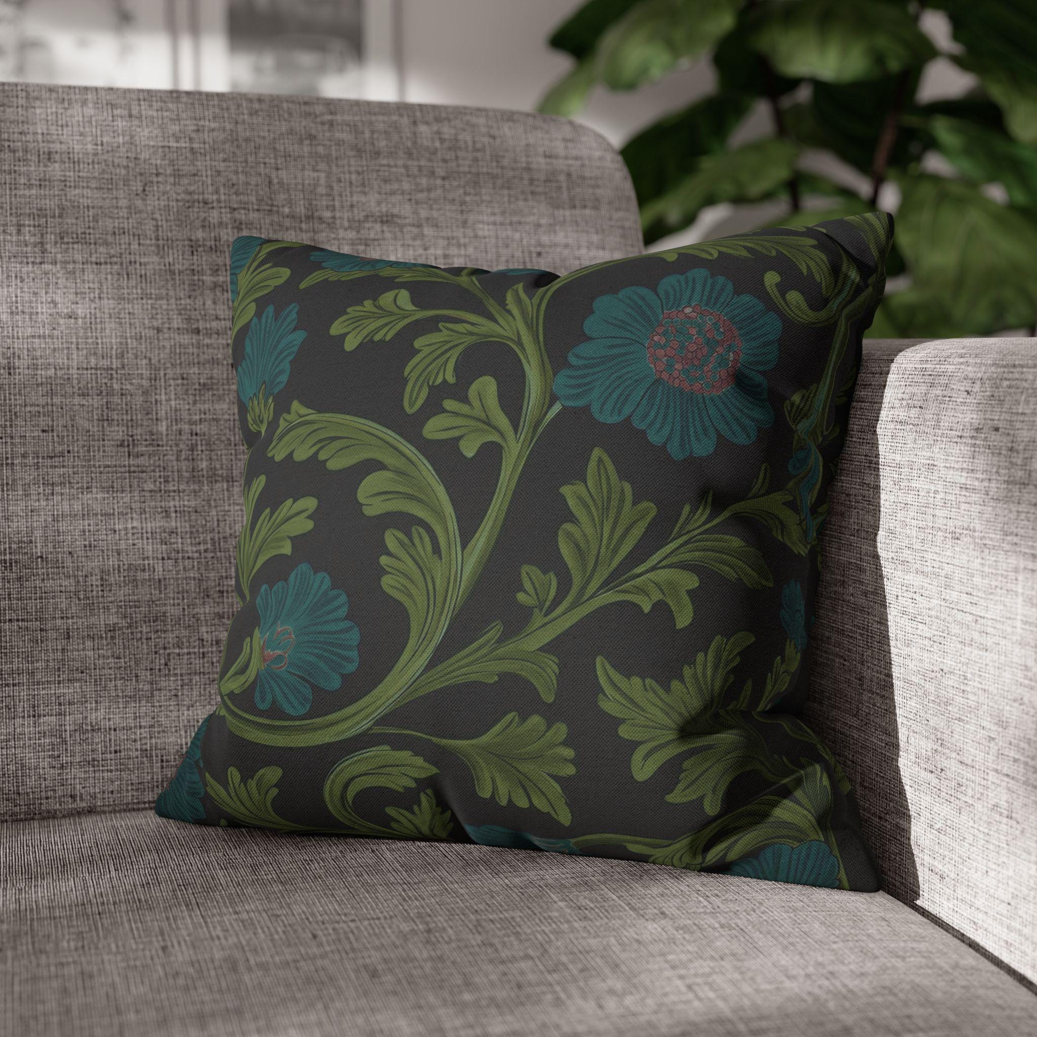 William Morris Pillow Cover: Lodden  Inspired  Charcoal with Olive & Teal Botanicals