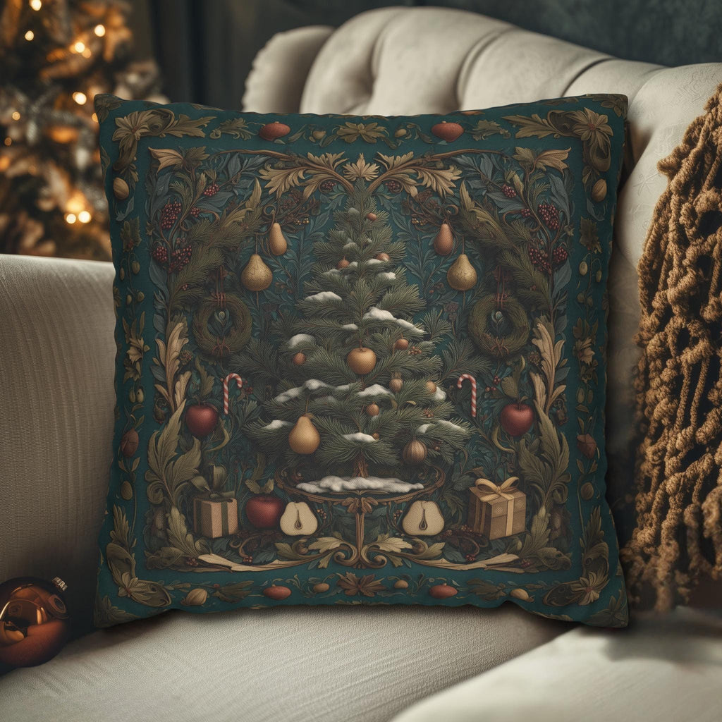 William Morris Inspired Christmas Tree Pillow Cover: Holiday Fruit & Wreath Motif
