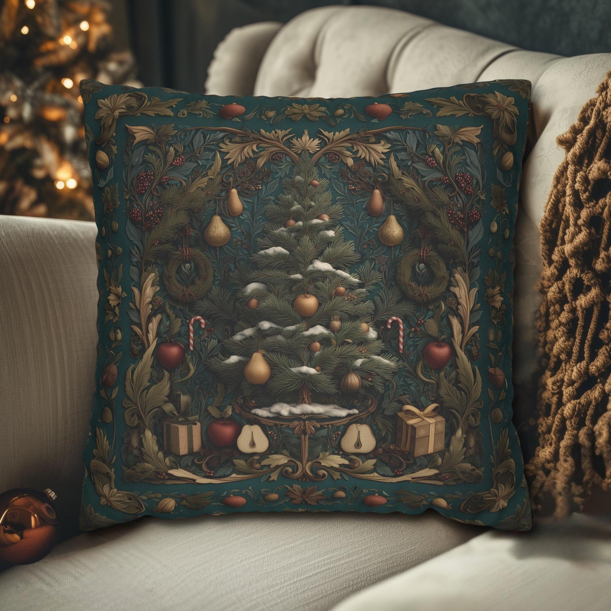 William Morris Inspired Christmas Tree Pillow Cover: Holiday Fruit & Wreath Motif