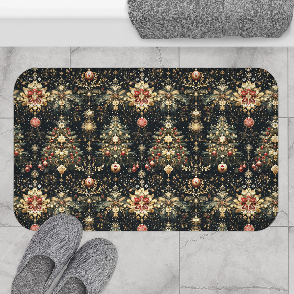 Christmas Tree Bath Mat: Luxe Gold Red & Green on Deep Charcoal Holiday Bath Decor