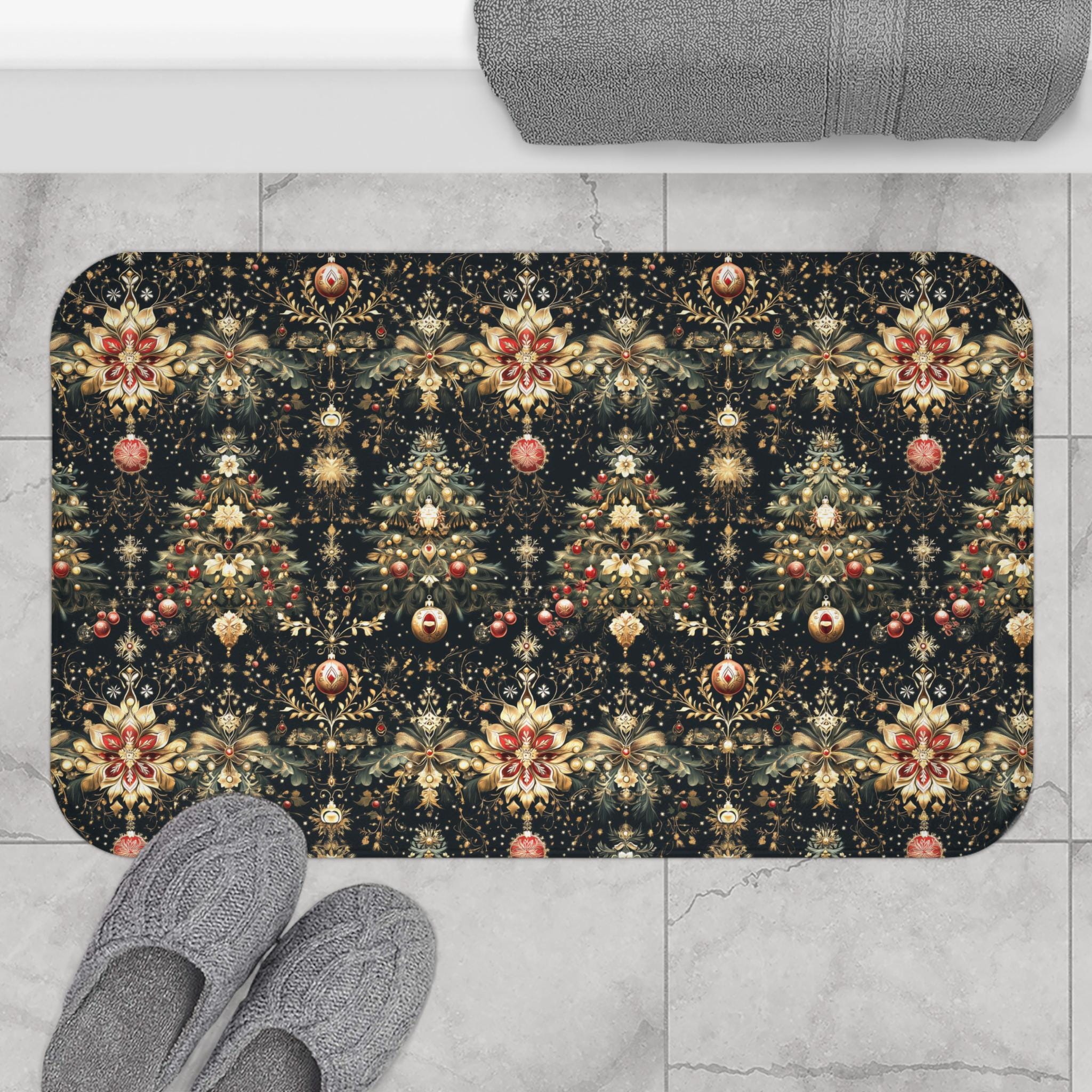 Christmas Tree Bath Mat: Luxe Gold Red & Green on Deep Charcoal Holiday Bath Decor