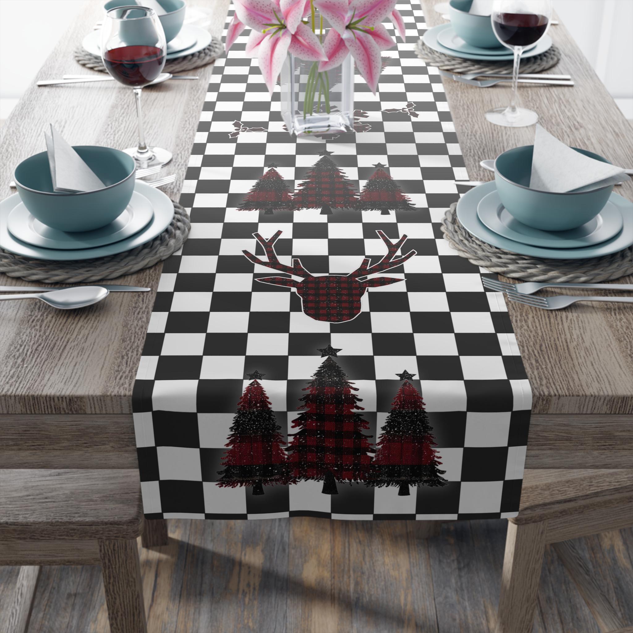 Plaid Christmas Icon Checkered Table Runner:  Modern Twist on Classic Holiday Decor