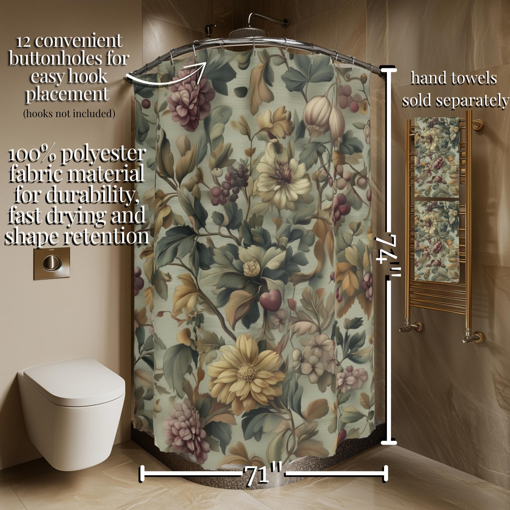 William Morris Inspired Fall Botanical Shower Curtain: Sage Mint, Wine, Wheat