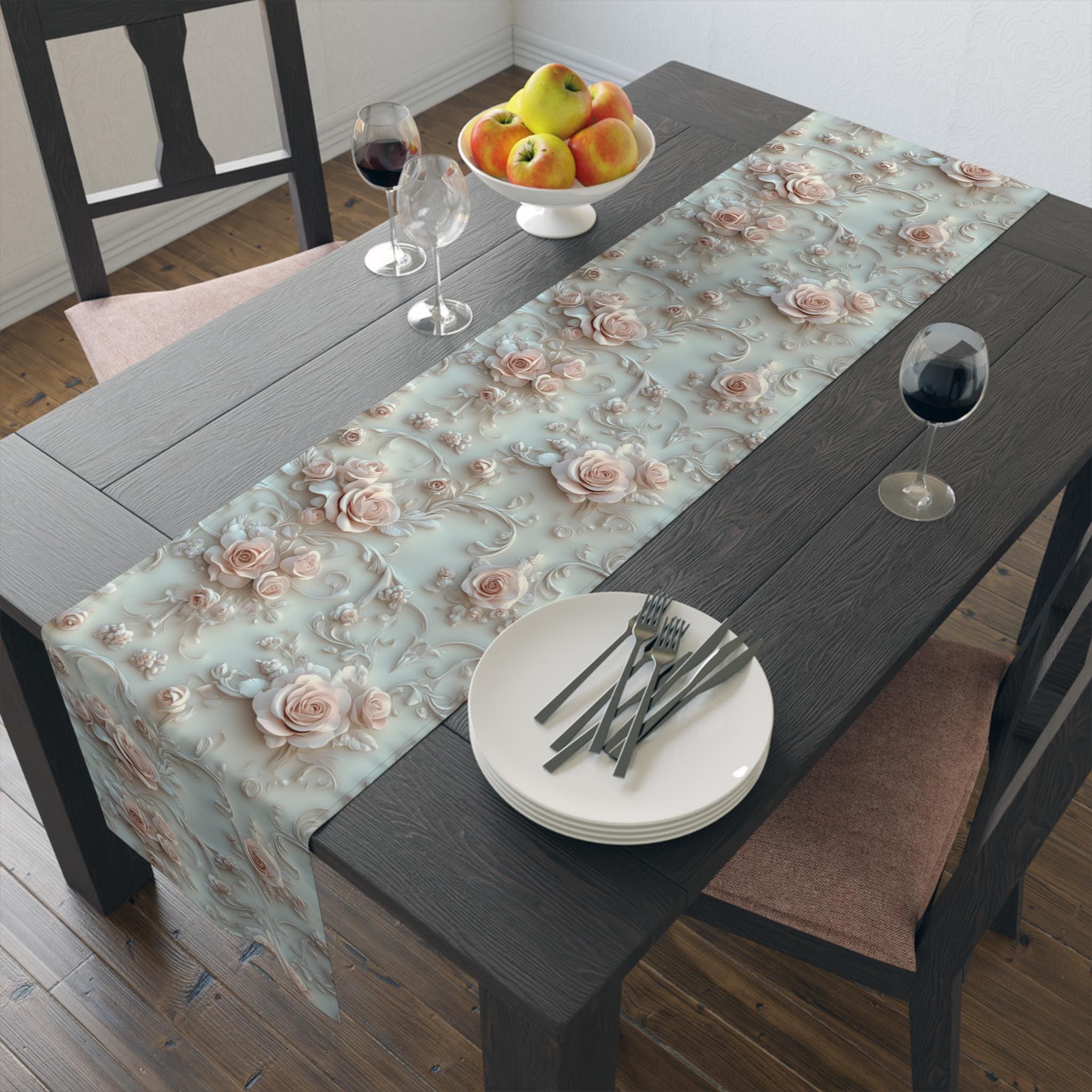 Soft Pink Roses Table Runner: Romantic Floral Dining Decor
