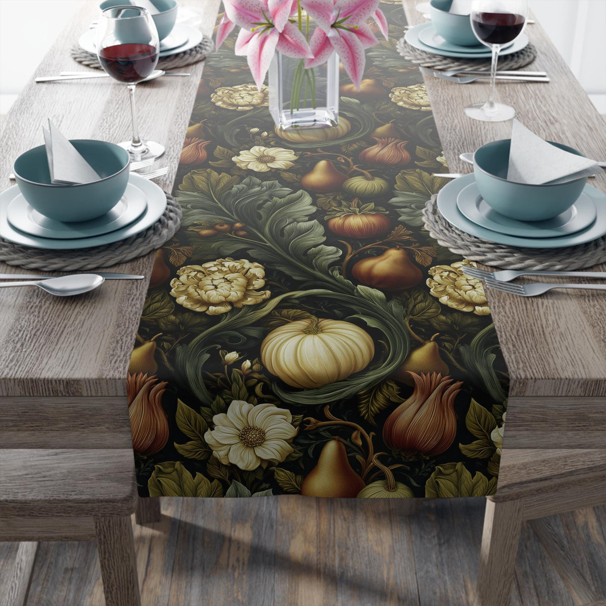William Morris Inspired Fall Table Runner: Vintage Style in Olive, Cream, and Russet