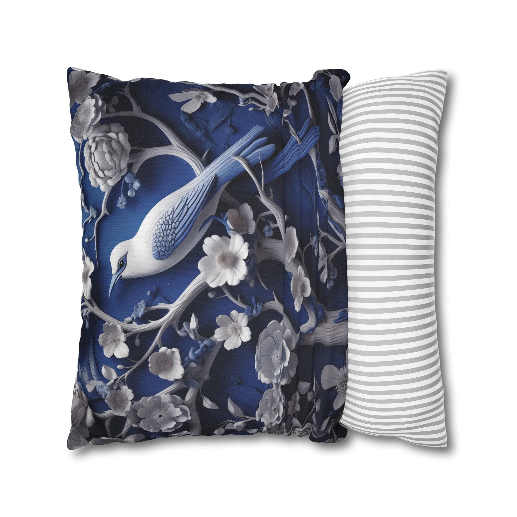 Elegant Chinoiserie Blue Bird Pillow Cover: Porcelain-Inspired White Blossom Home Decor Cushion