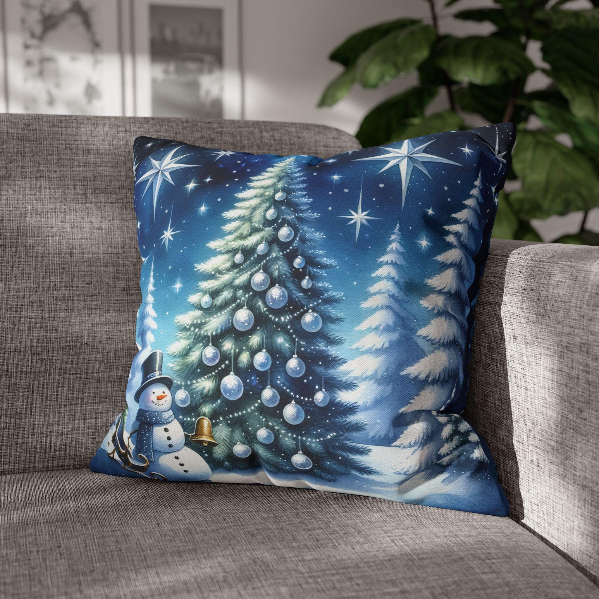 Serene Watercolor Style Christmas Pillow Cover: Snowman & Tree Winter Decor