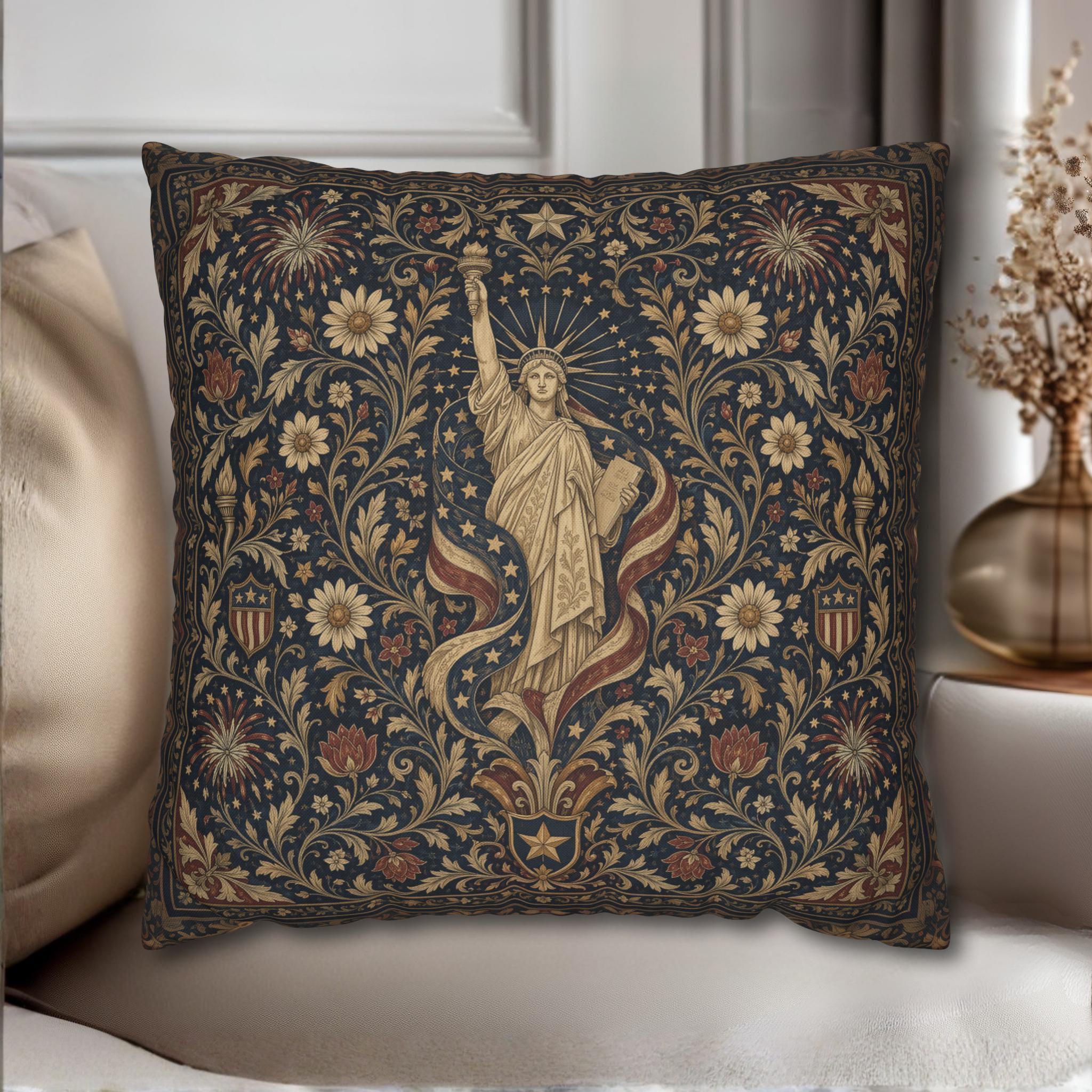 Patriotic Pillow Cover: Americana Statue of Liberty Botanical Design