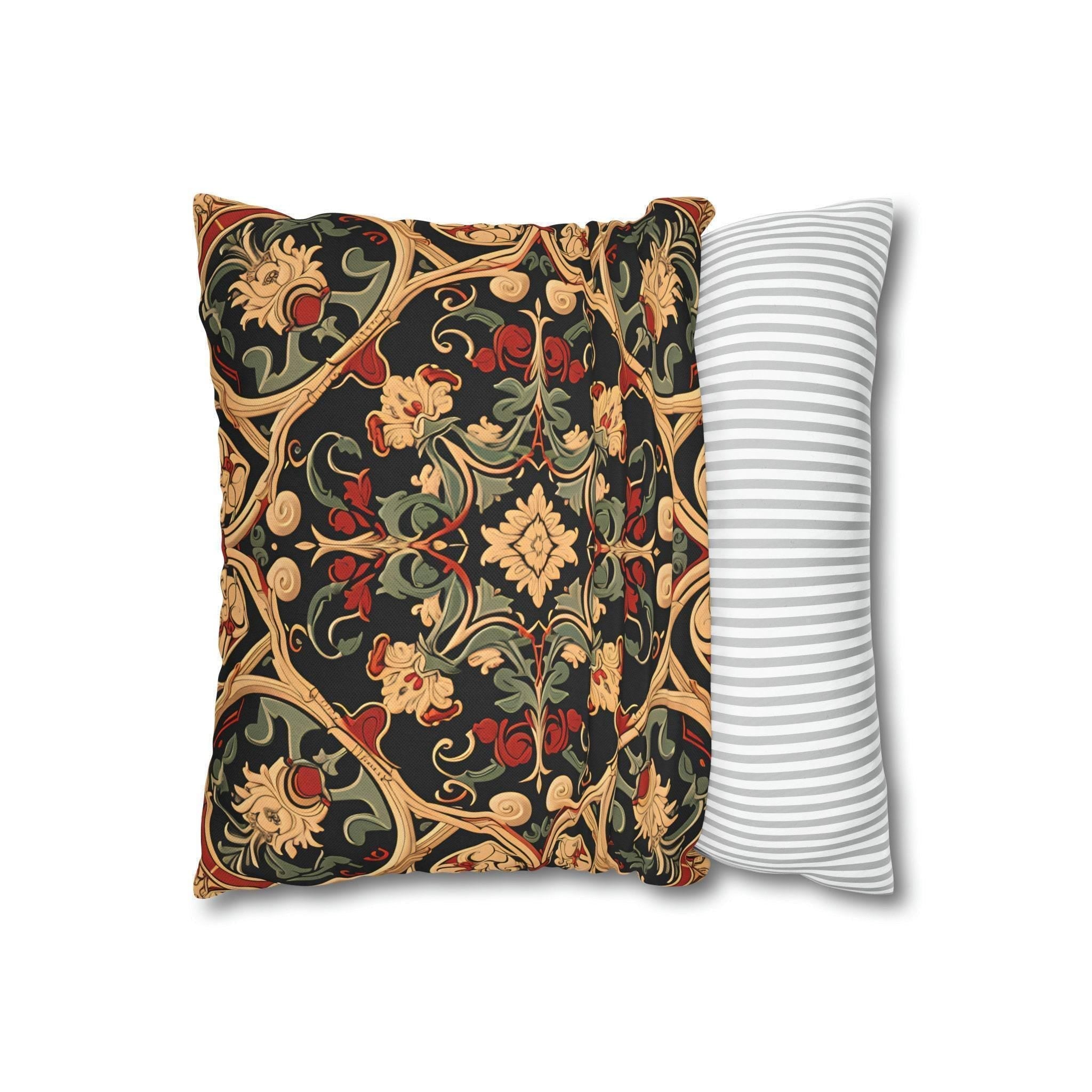 Renaissance Floral Pillow Cover: Red, Green & Gold on Dark Ground