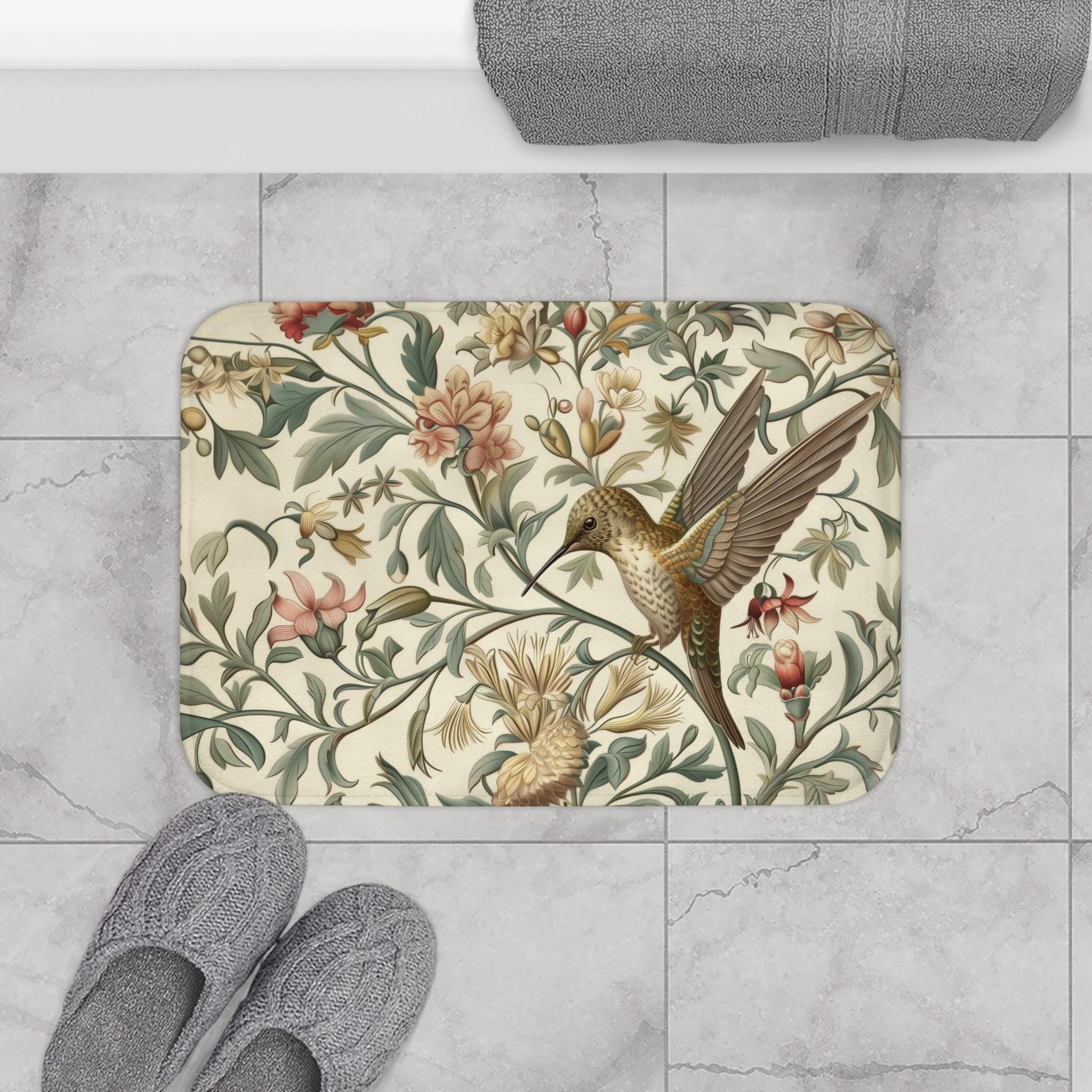 William Morris Hummingbird Bath Mat: Vintage Style Botanical Bathroom Decor