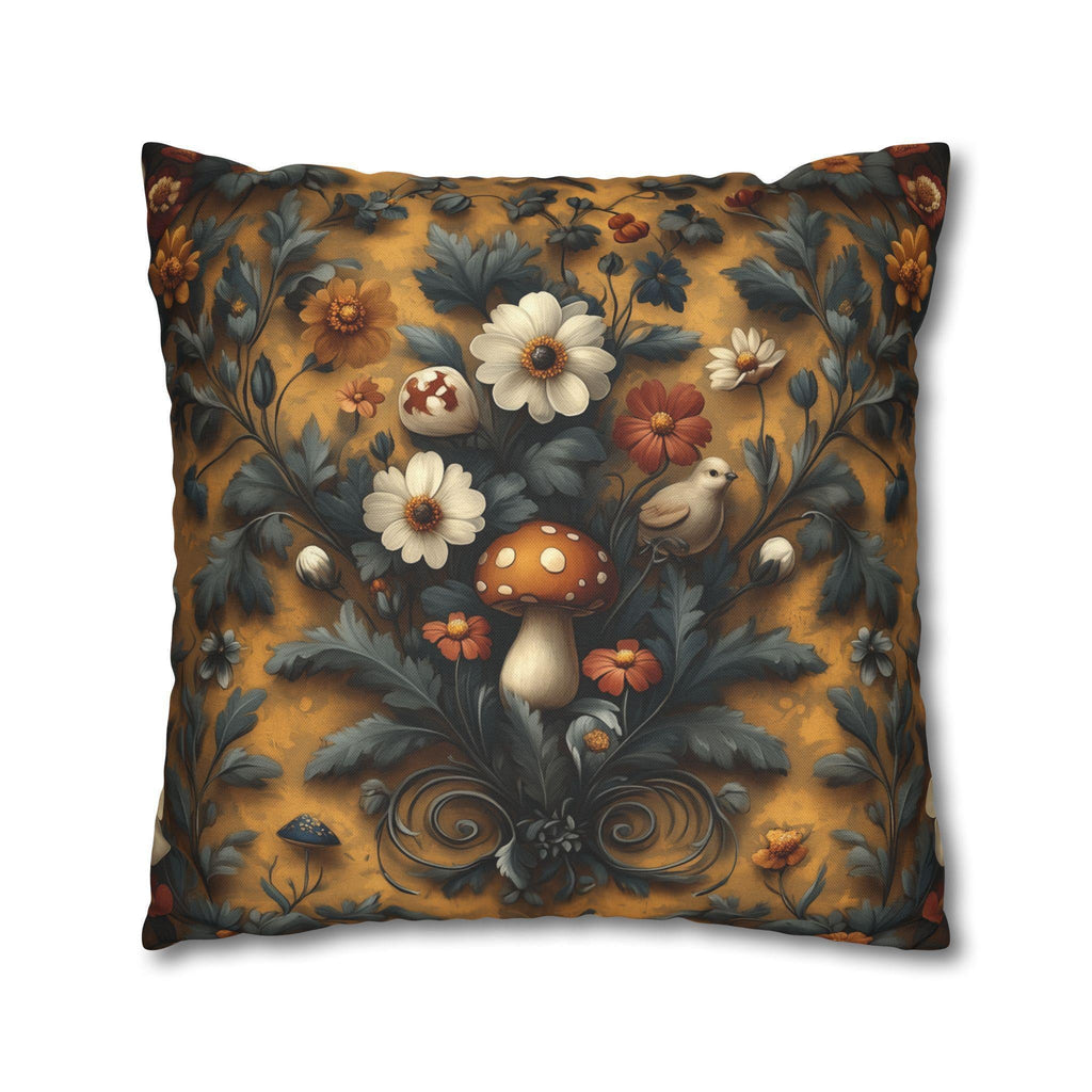 William Morris Inspired Woodland Mushroom Pillow Cover: Autumn Floral Art on Gold Background