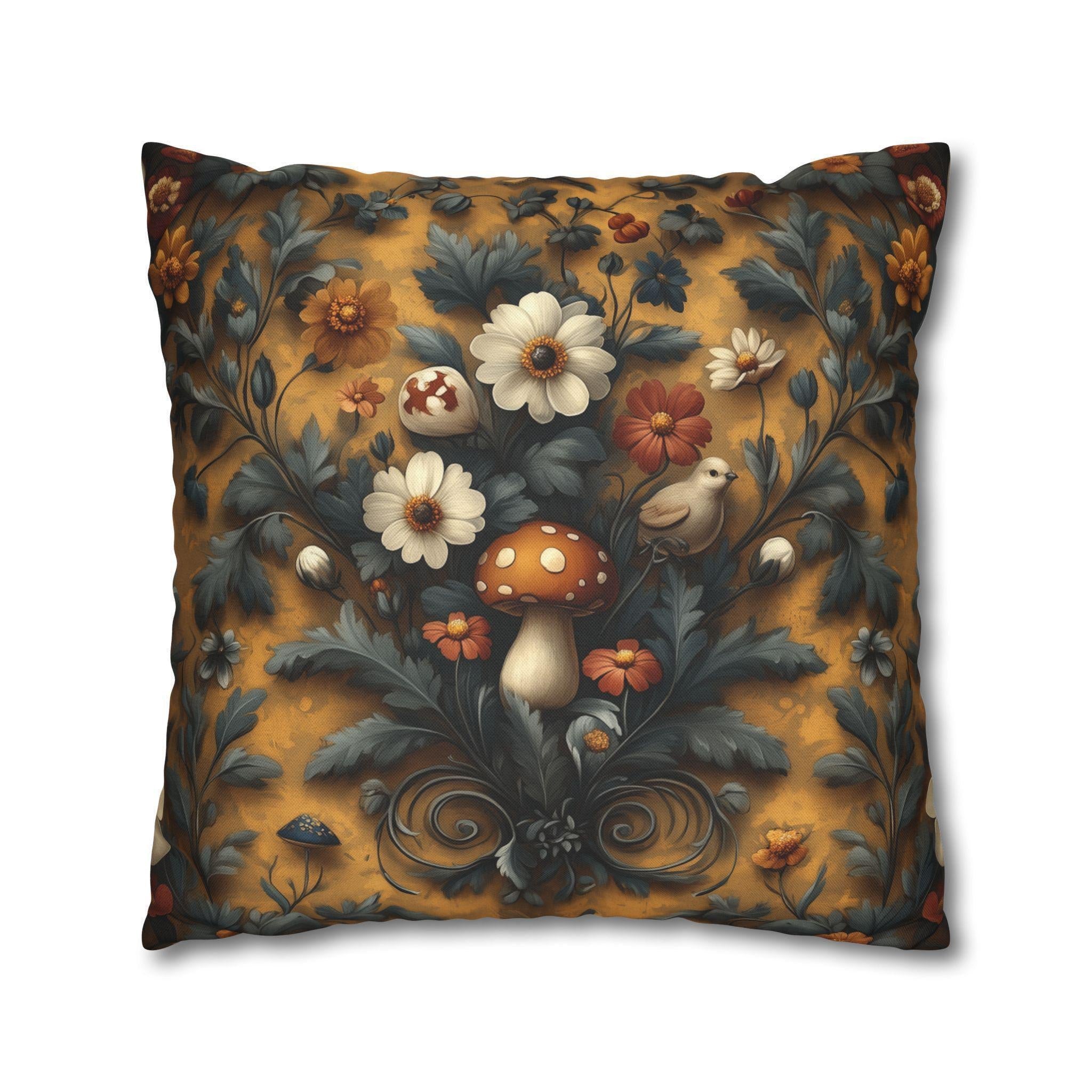 William Morris Inspired Woodland Mushroom Pillow Cover: Autumn Floral Art on Gold Background