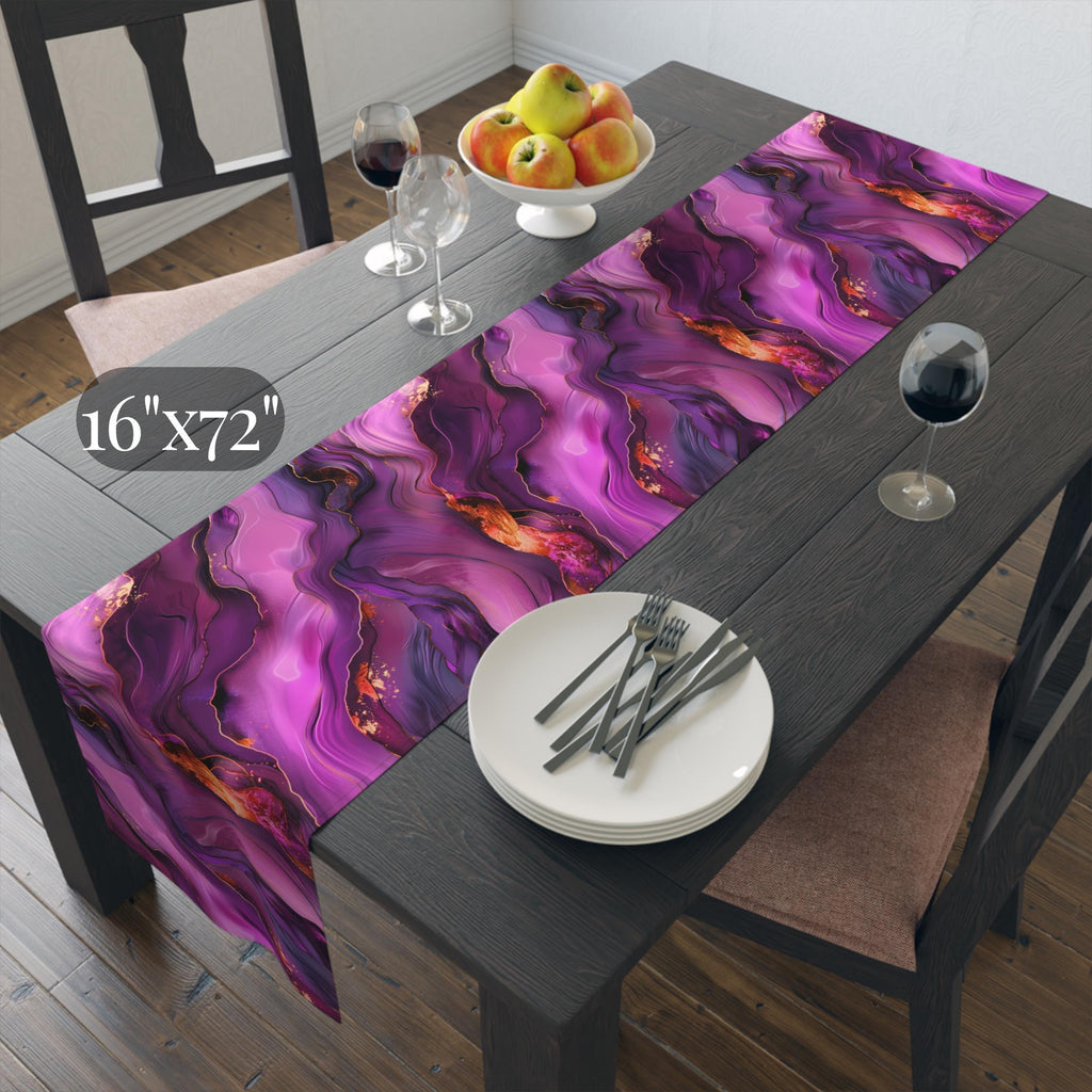 Abstract Plum Table Runner: Waves of Amethyst with Copper Fire Colored Accents