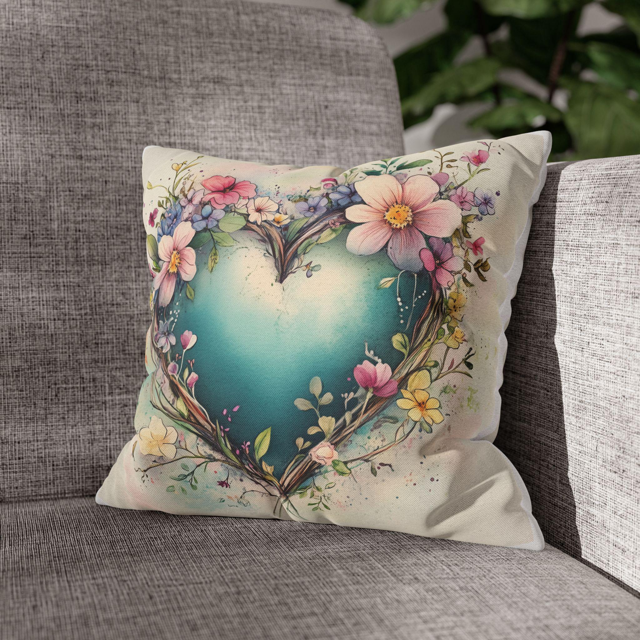 Romantic Floral Heart Wreath Pillowcase: Whimsical Square Cushion Cover for Home Decor & Gifts