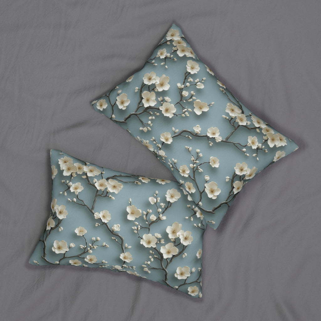 Chinoiserie Lumbar Pillow: Blue-Teal Gradient with Cherry Blossom Design - Elegant Home Decor Accent