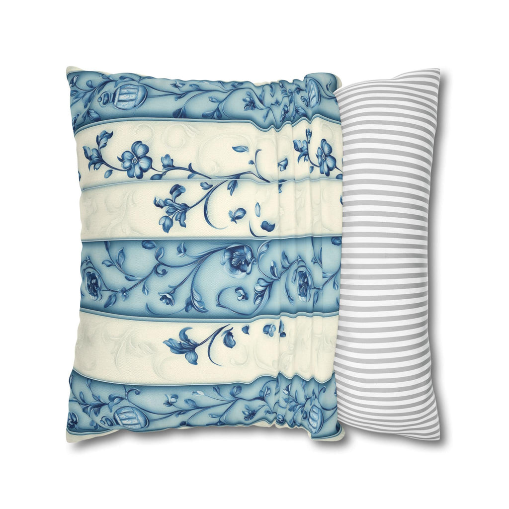 Elegant Blue & White Chinoiserie Floral Stripe Pillowcase: French-Inspired Square Cushion Cover