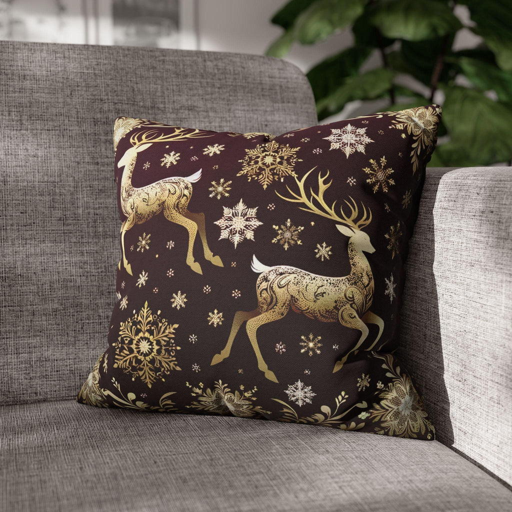 Golden Reindeer Snowflake Decorative Throw Pillow Cover: Festive Elegance Designer Square Pillowcase