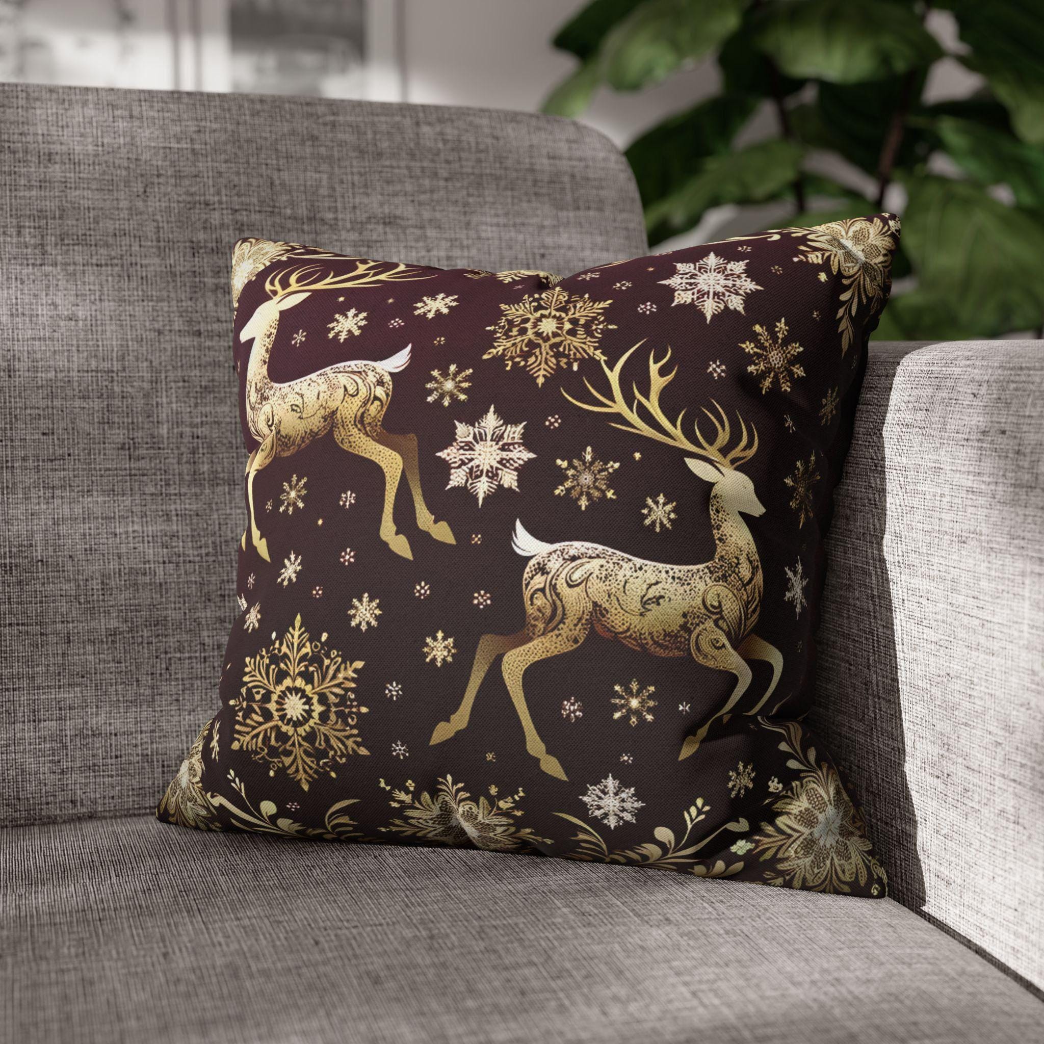 Golden Reindeer Snowflake Decorative Throw Pillow Cover: Festive Elegance Designer Square Pillowcase