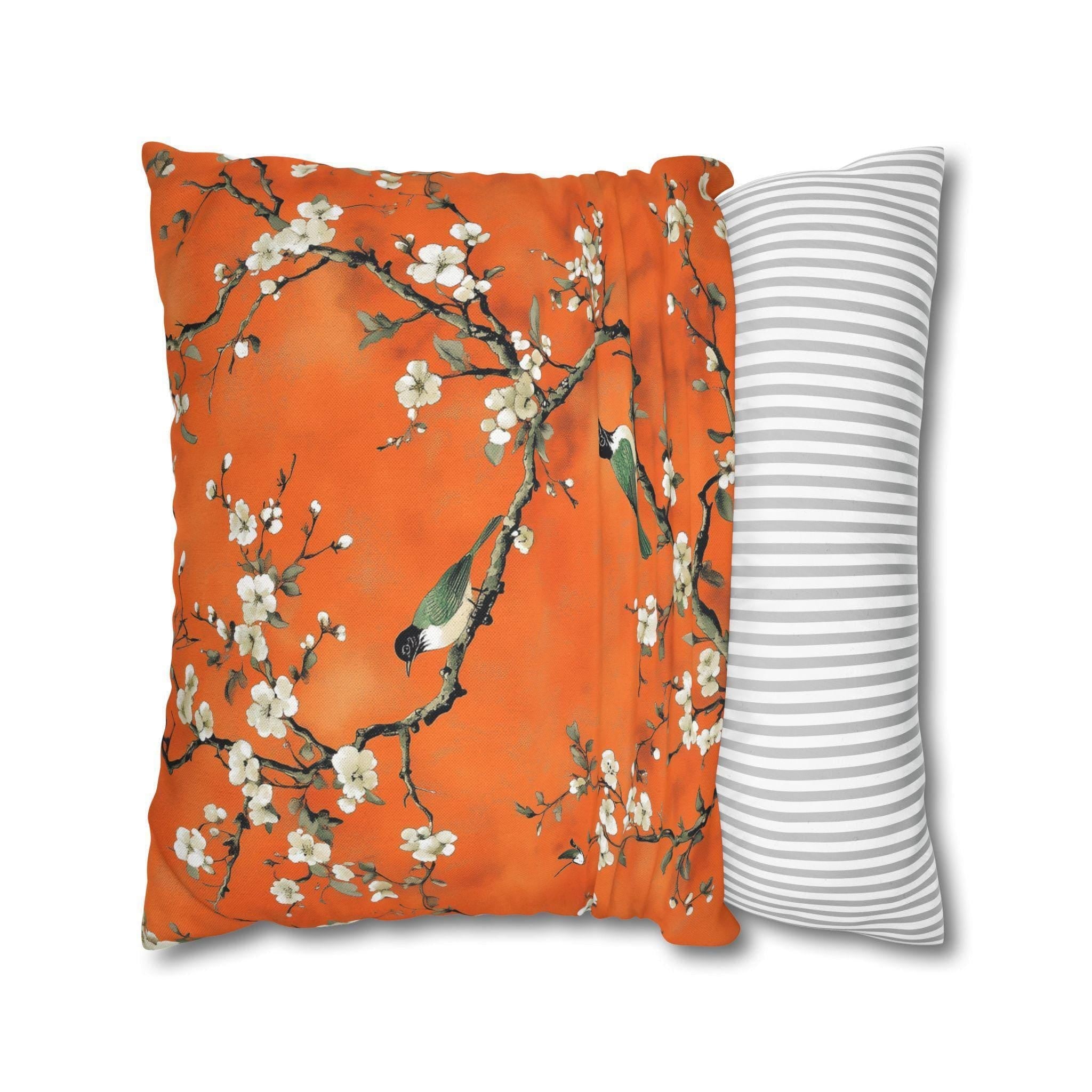 Elegant Chinoiserie Pillow Cover: Burnt Orange with White Blossoms and Birds for Asian-Inspired Decor