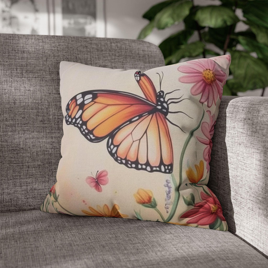 Monarch Butterfly Pillow Cover: Colorful Wildflower Garden on Soft Peach Background