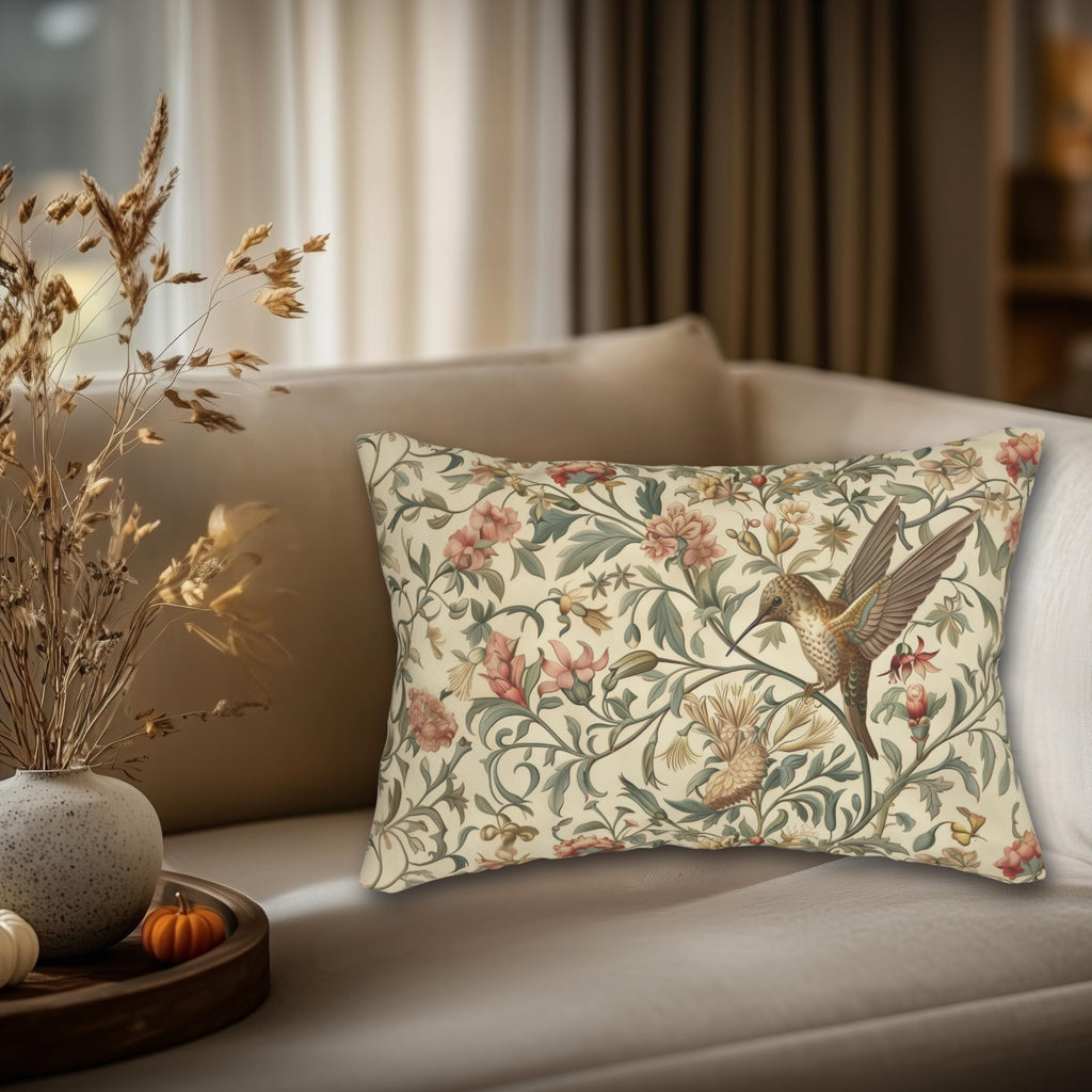William Morris Hummingbird Lumbar Pillow - Elegant Floral Bird Design in Brown, Gold, and Green