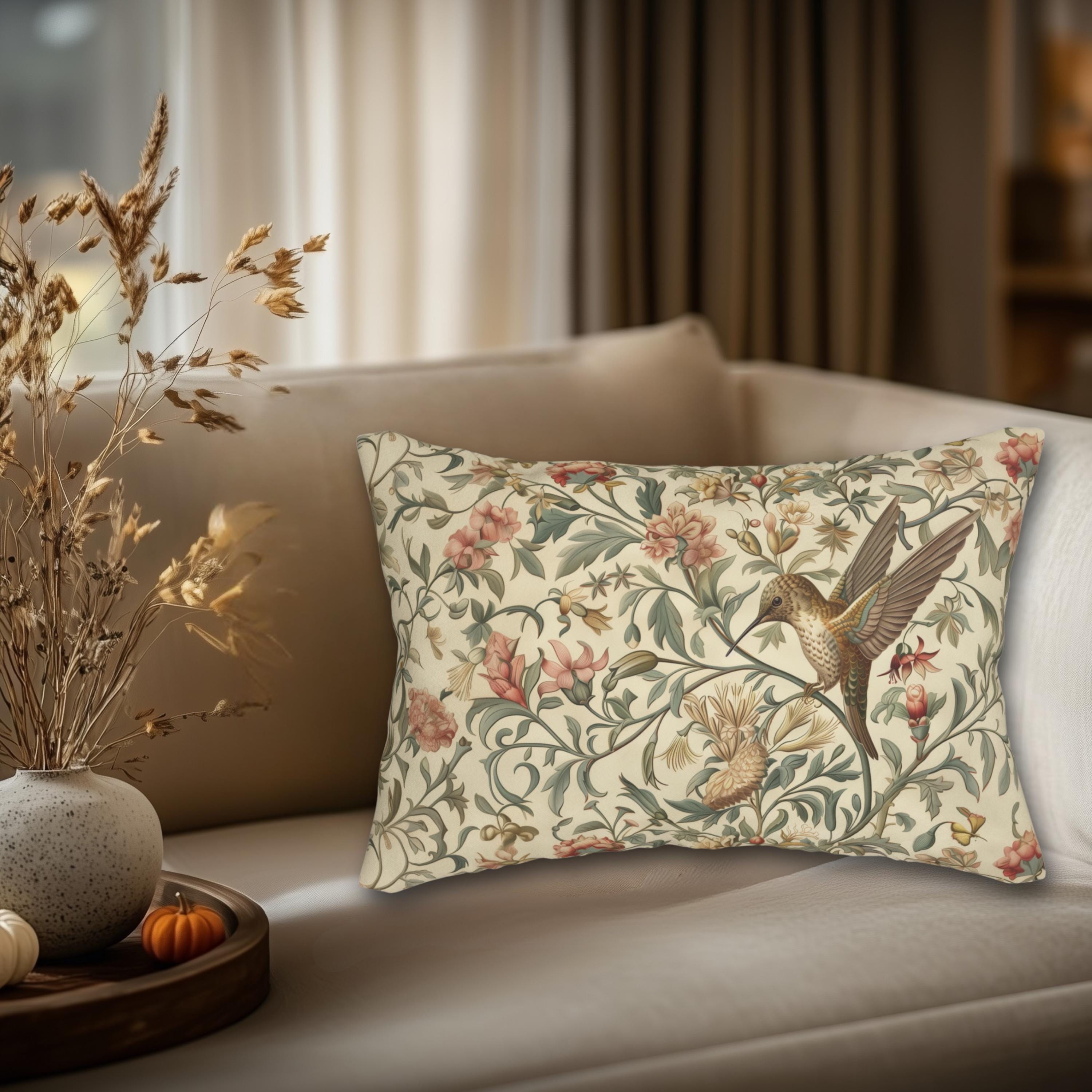 William Morris Hummingbird Lumbar Pillow - Elegant Floral Bird Design in Brown, Gold, and Green