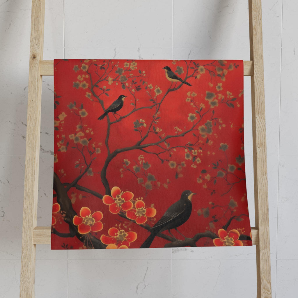Chinoiserie Hand Towel: Red Floral Bird Art, Asian Decor