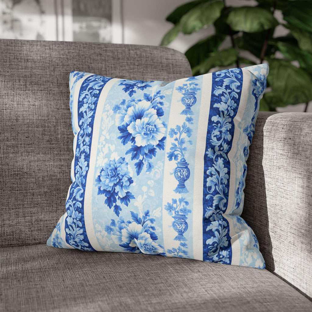 Elegant Chinoiserie Floral Pillowcase: Blue & White Striped French Country Home Decor Accent