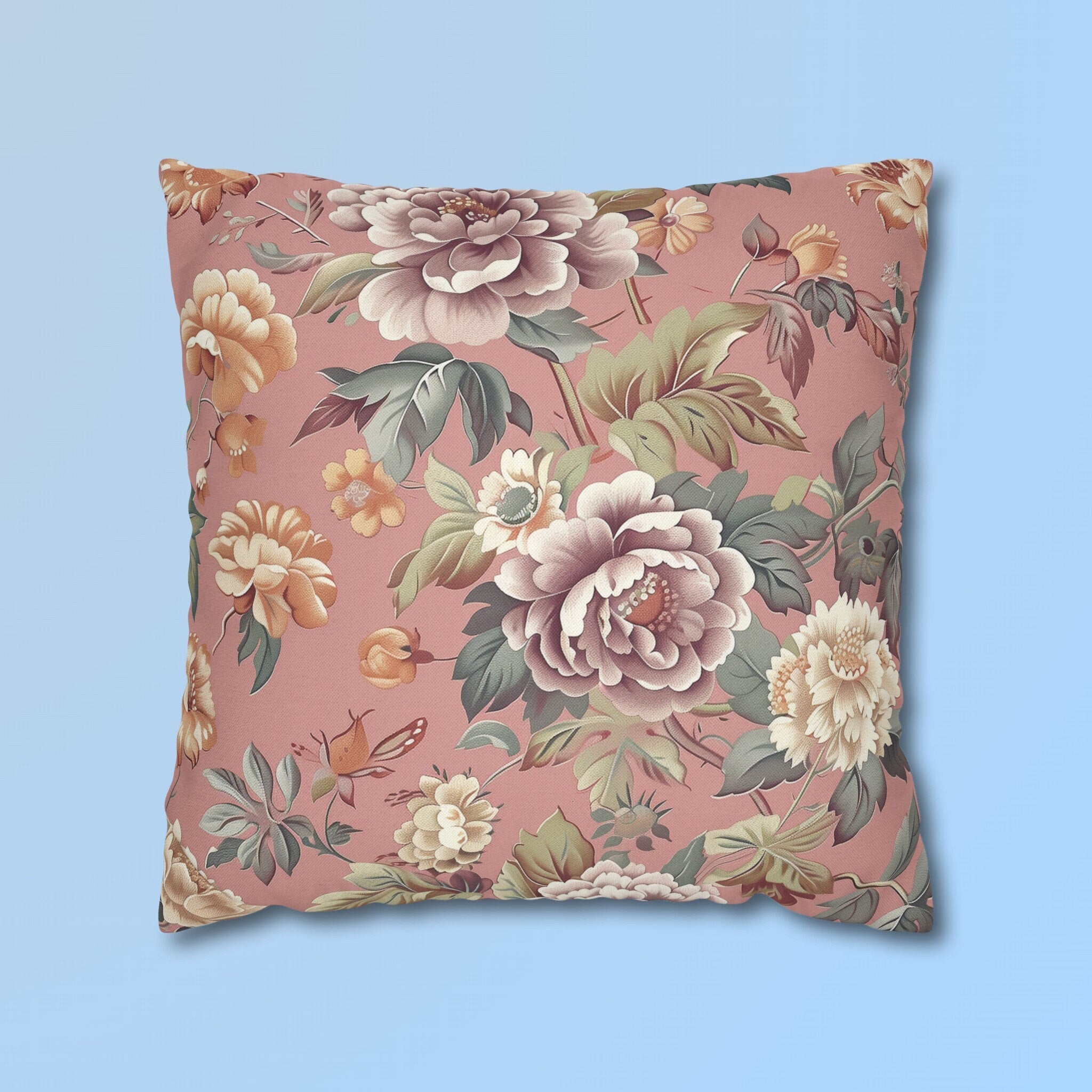 Rococo-Inspired Floral Pillow Cover: Dusty Pink Elegance with Mauve, Cream, Peach & Green Blooms