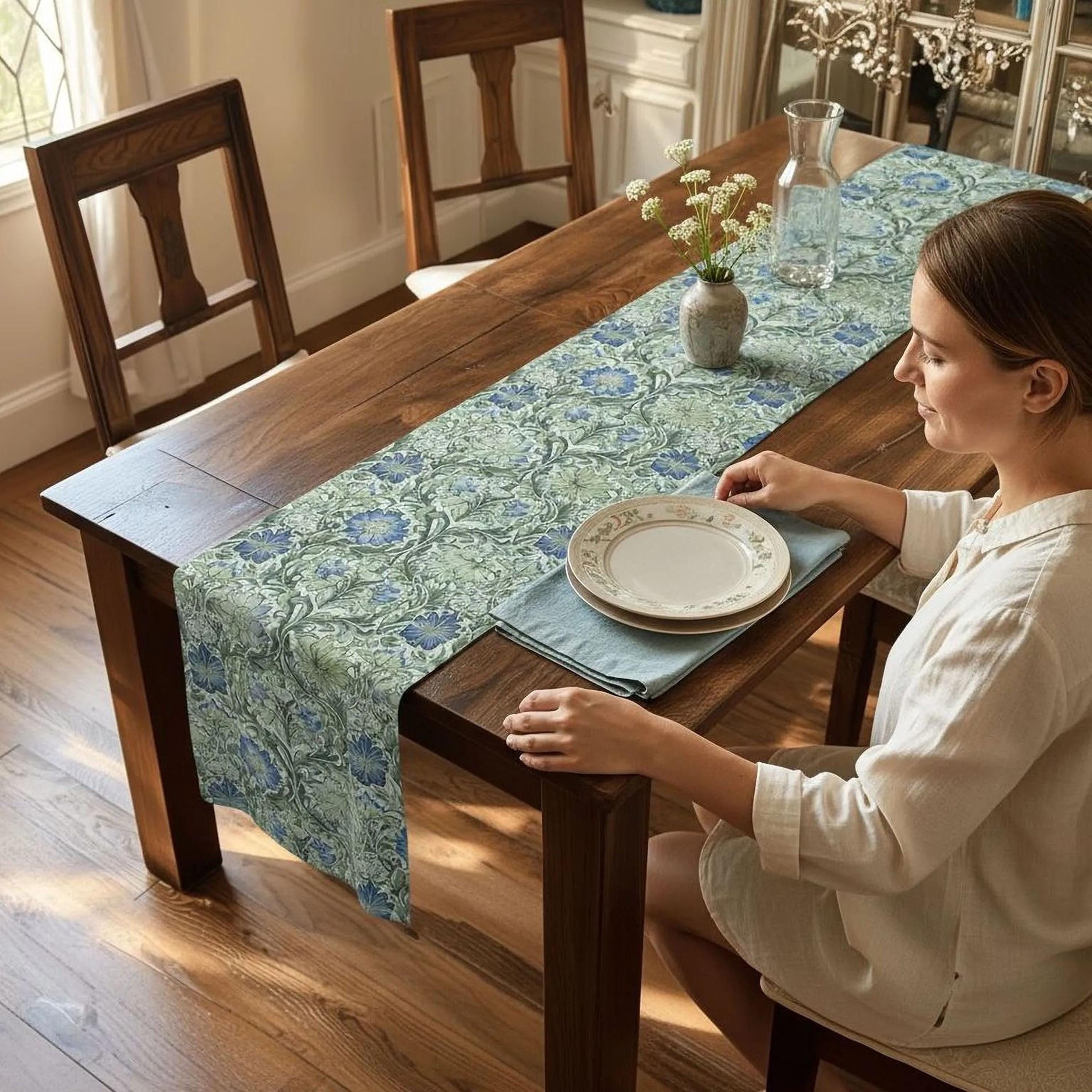 William Morris inspired table runner: Sage and Blue Floral Vine