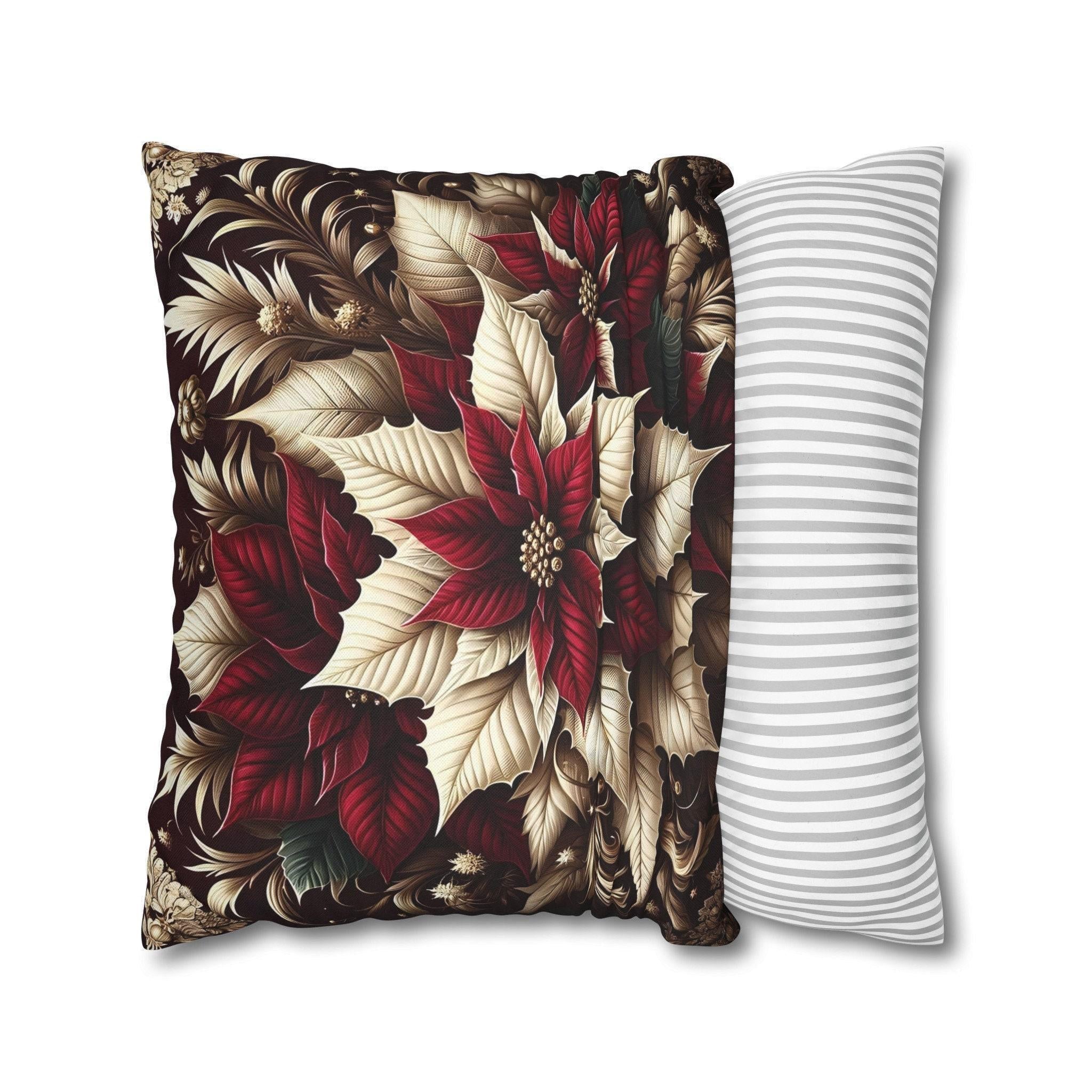 Sophisticated Burgundy & Gold Poinsettia Christmas Pillow Cover | Elegant Holiday Decor